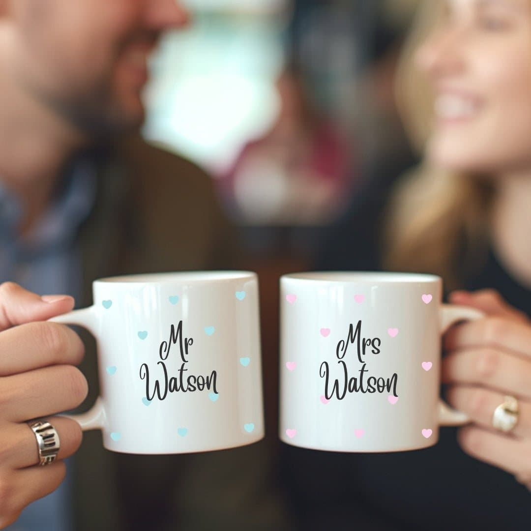 Mr and Mrs mini hearts mug set in the personalised design