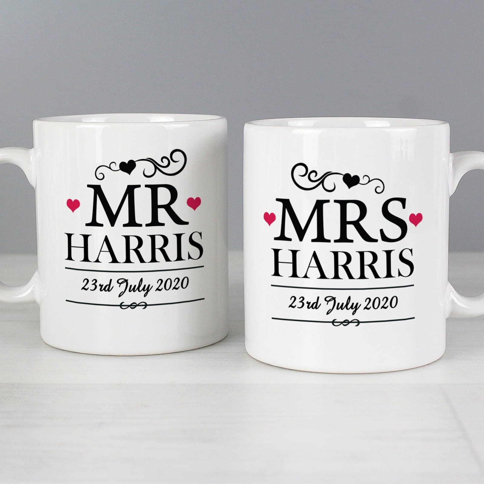 Mr and Mrs ceramic mug set personalised with a surname