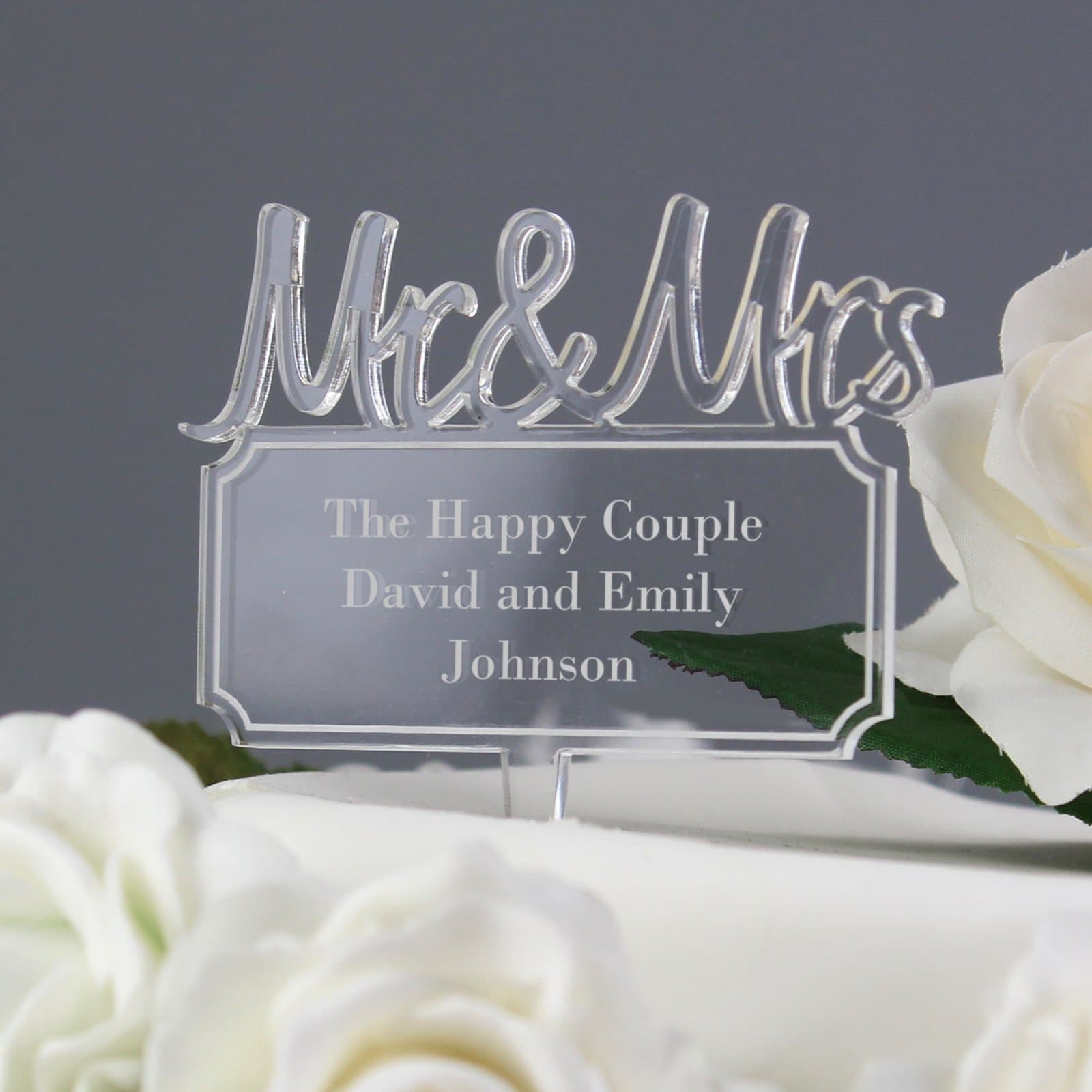 Acrylic plaque cake topper personalised with three lines of text