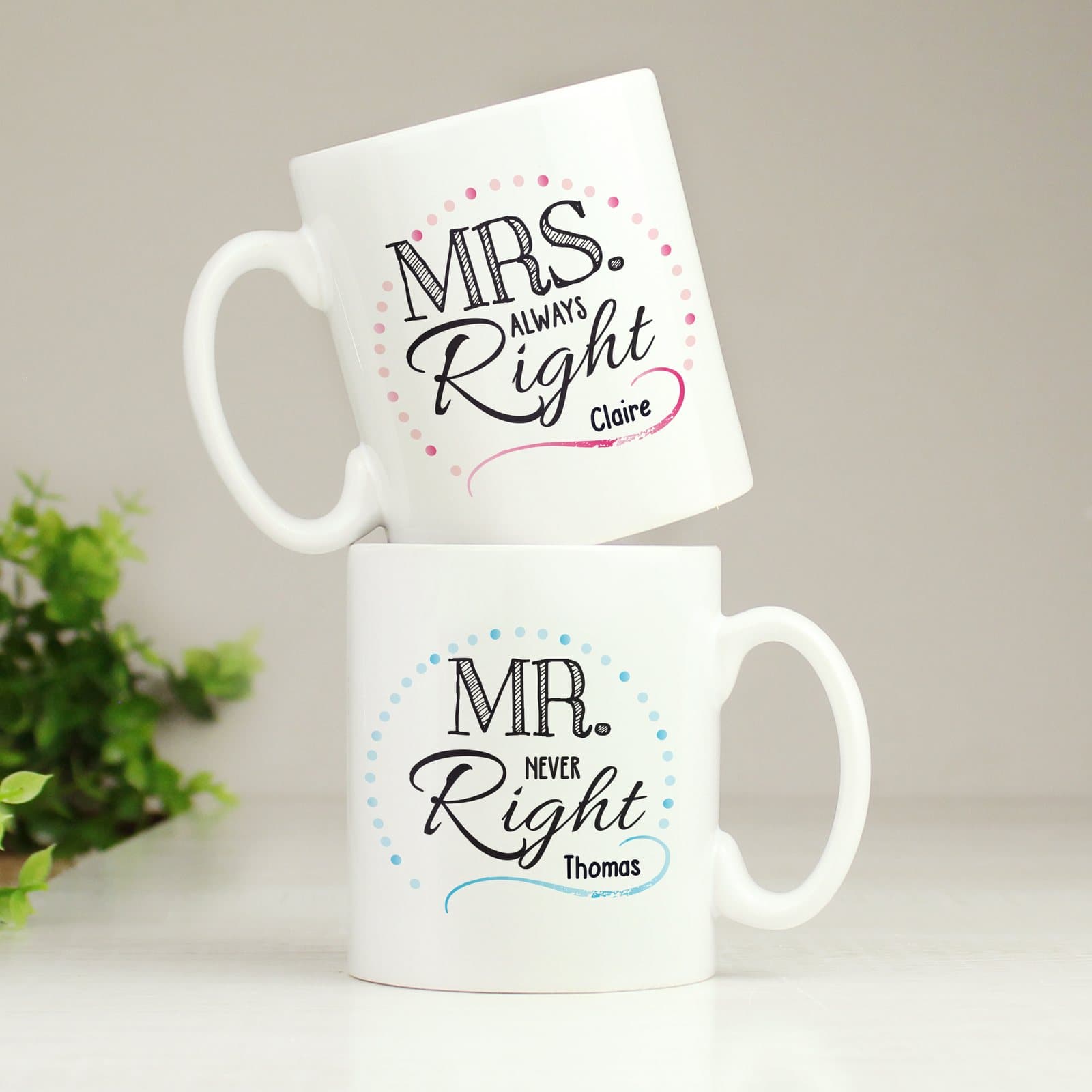 Mr and Mrs Right ceramic mug set personalised with names