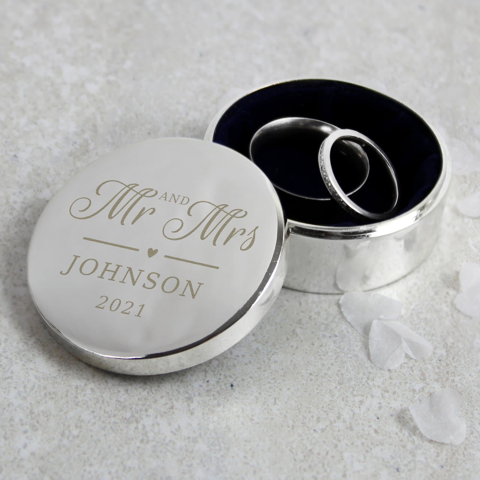 Small Mr & Mrs ring box personalised with a surname and message