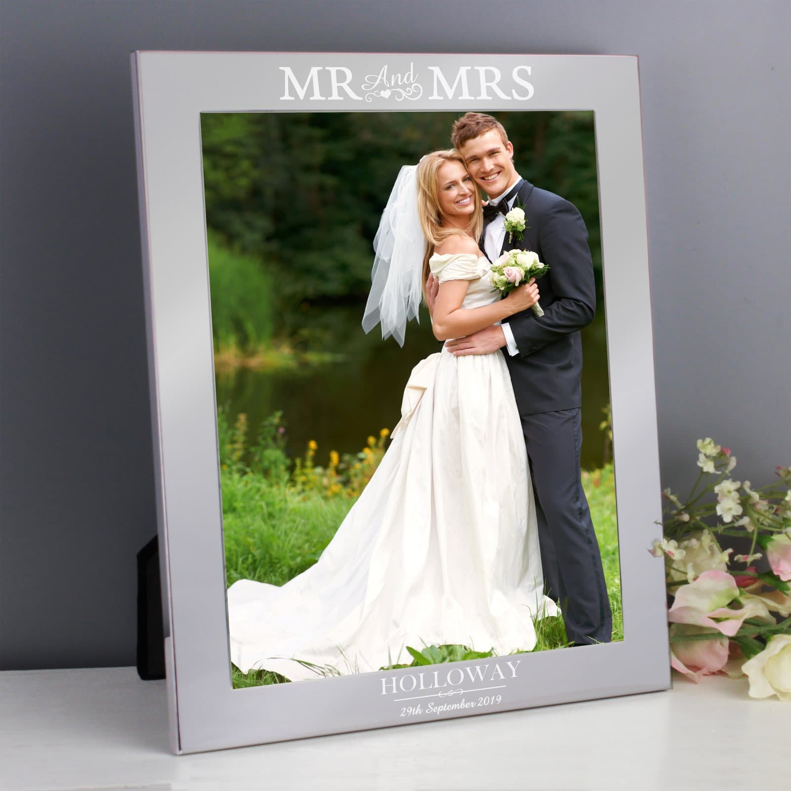 Silver aluminium Mr and Mrs photo frame for a 10x8 inch photo