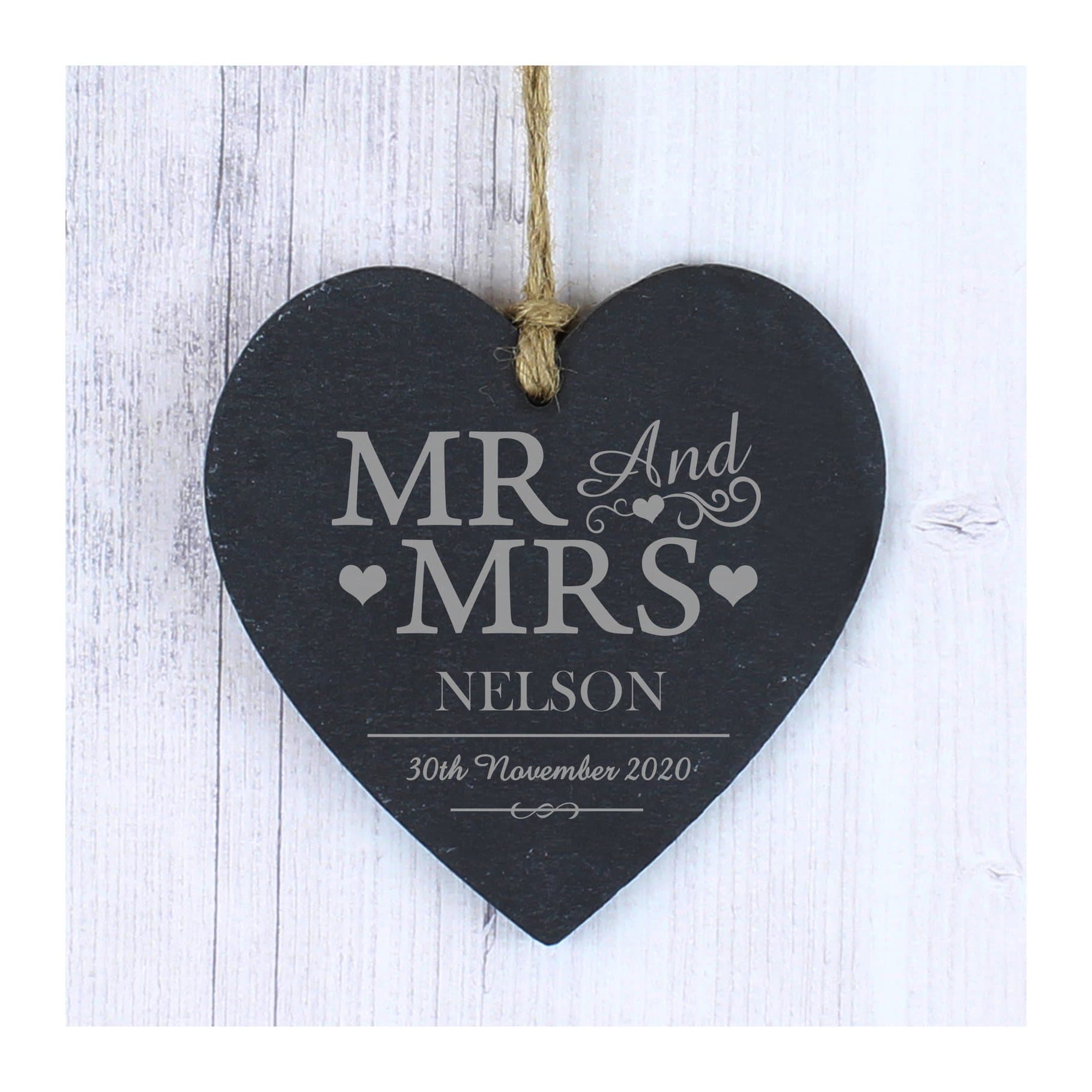Slate heart decoration reading Mr & Mrs with a surname and date