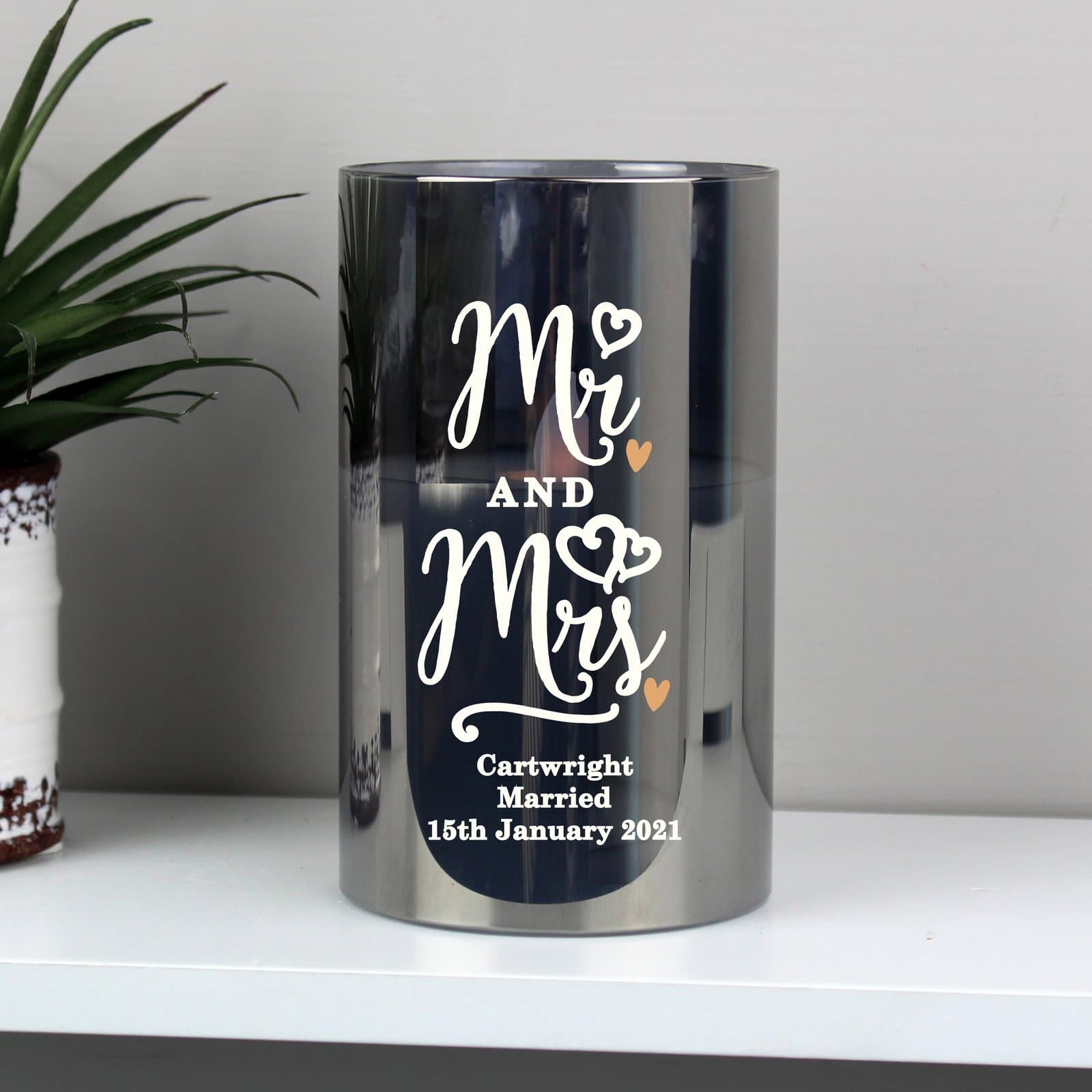 Smoked glass LED candle with Mr and Mrs and personalised lines
