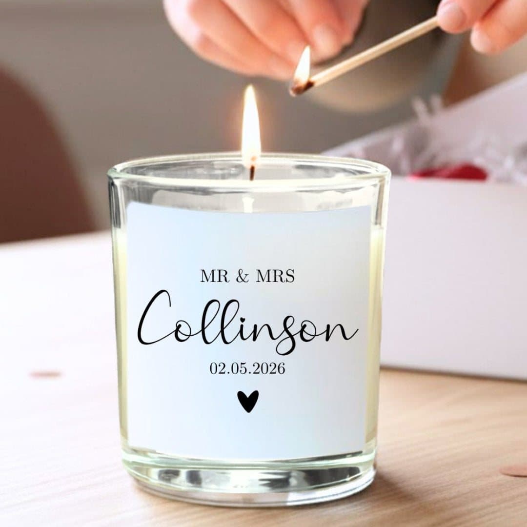 Mr and Mrs wedding candle gift set with matches and red foiled chocolate hearts