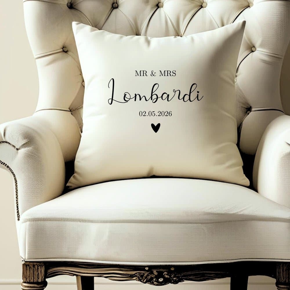 Square cream linen-effect cushion for a Mr & Mrs wedding gift