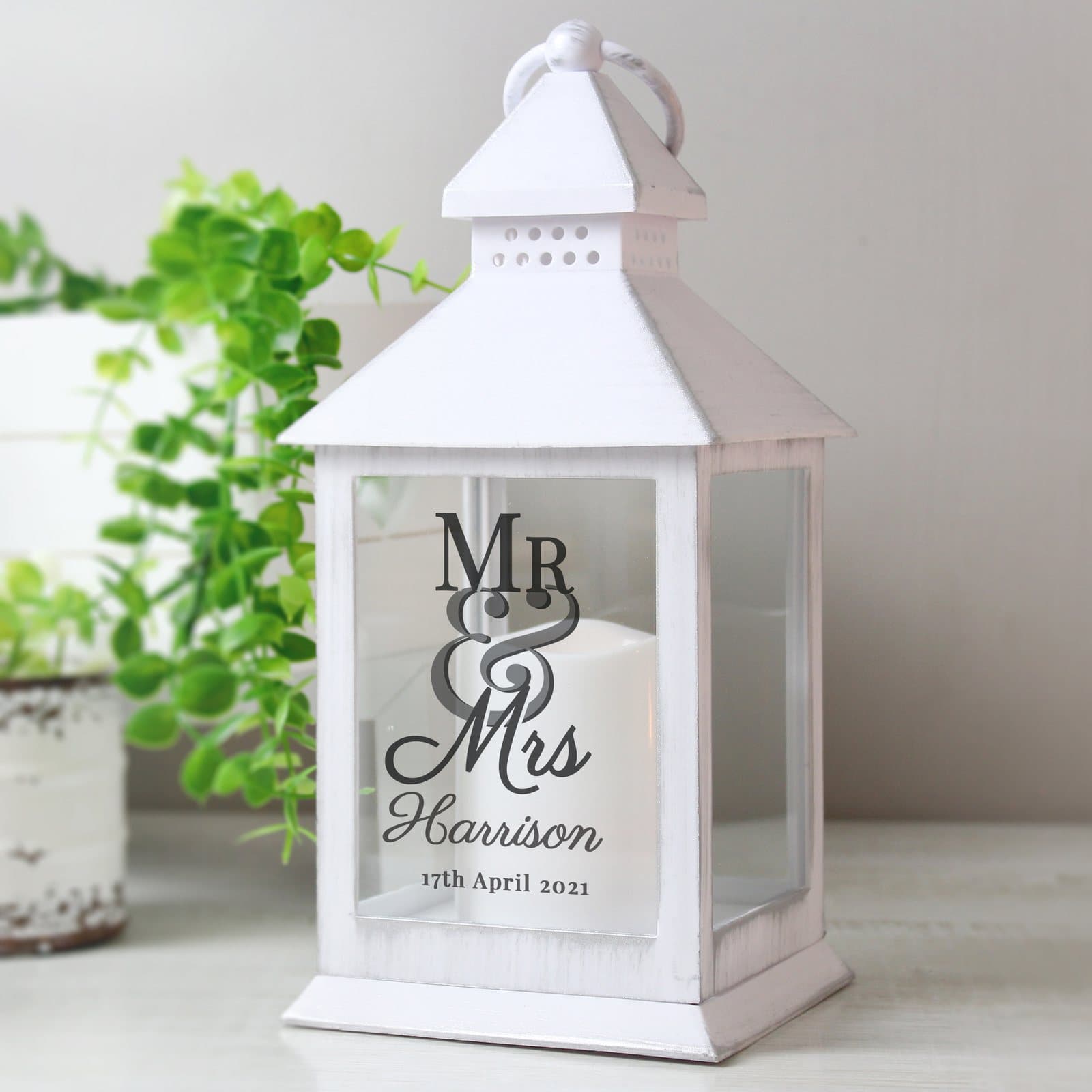 White Mr & Mrs lantern with a hoop and personalised text