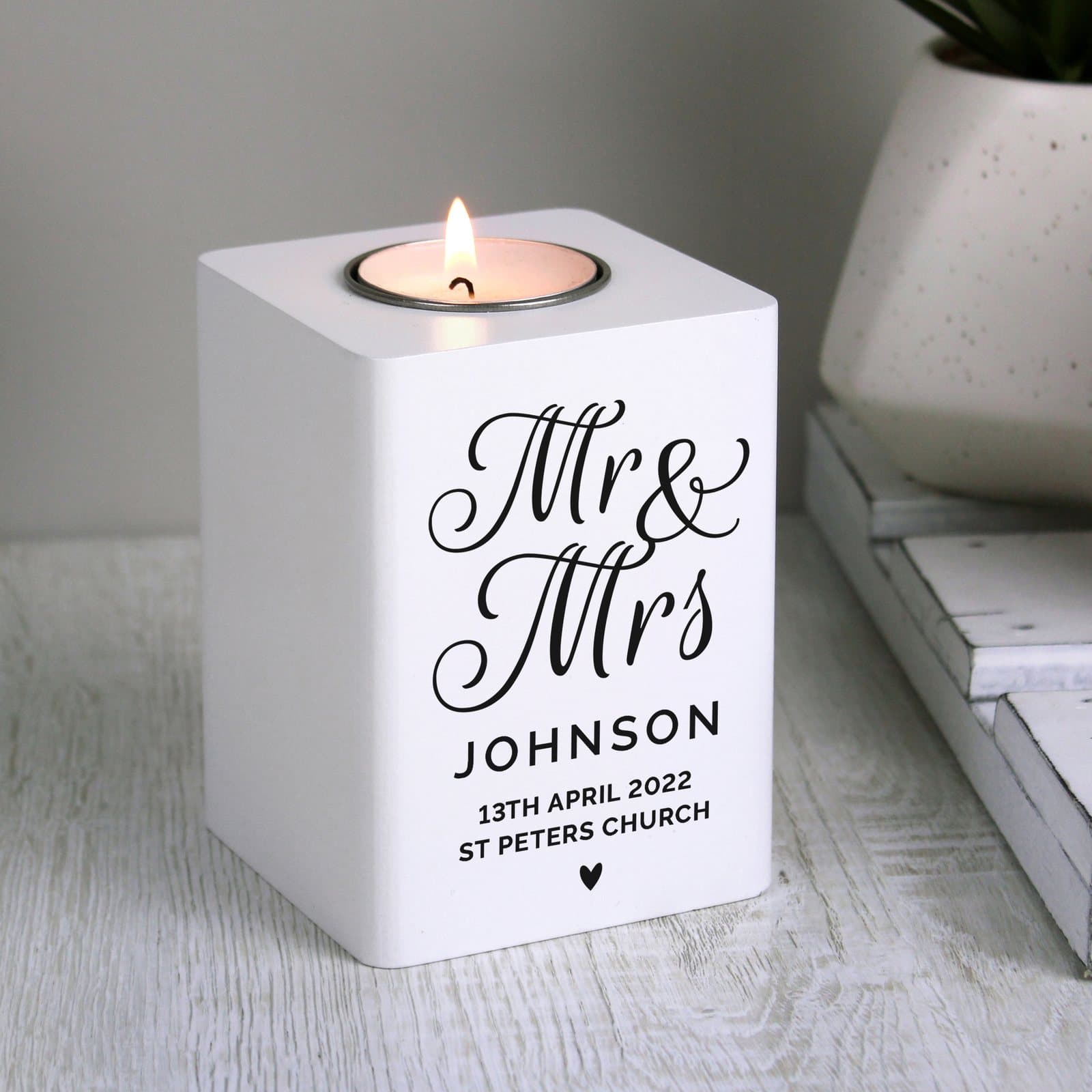 White wooden Mr & Mrs tea light holder with personalised text