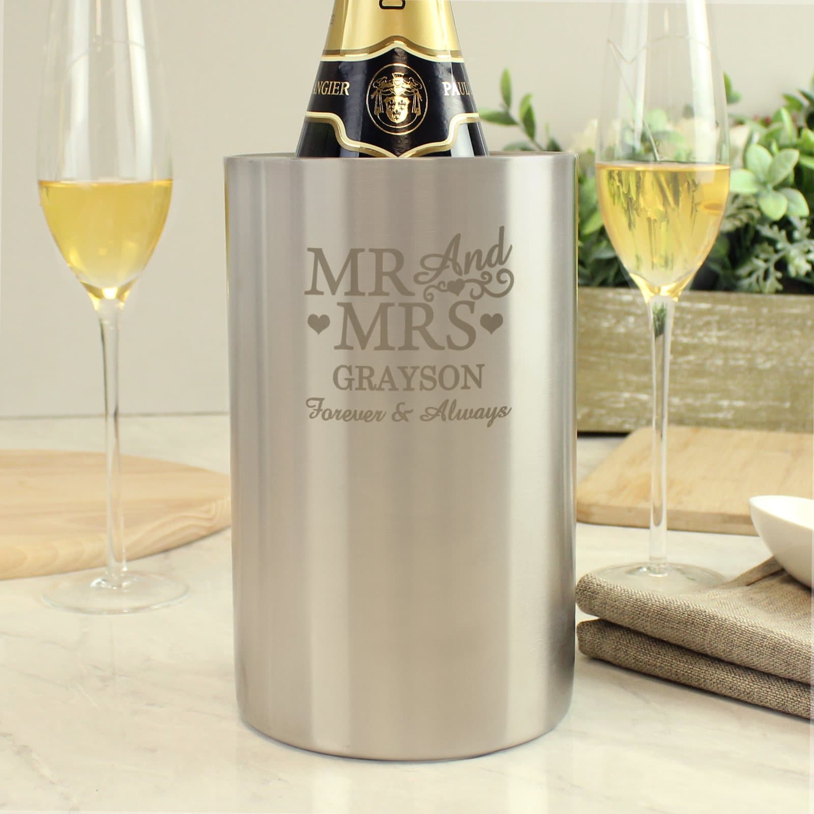 Brushed stainless steel wine cooler with Mr & Mrs text, a surname and a date