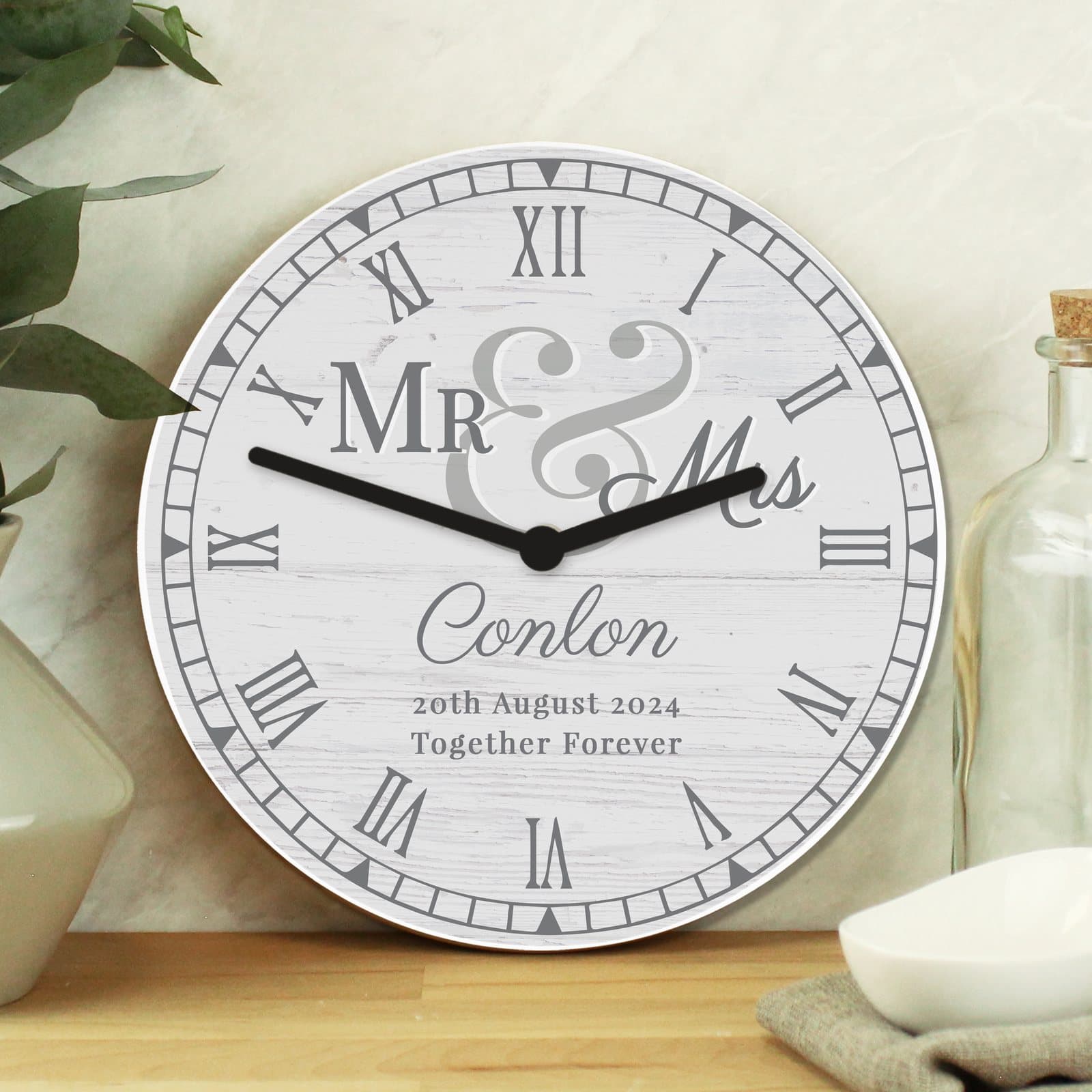 Mr & Mrs wooden clock with personalised name and text