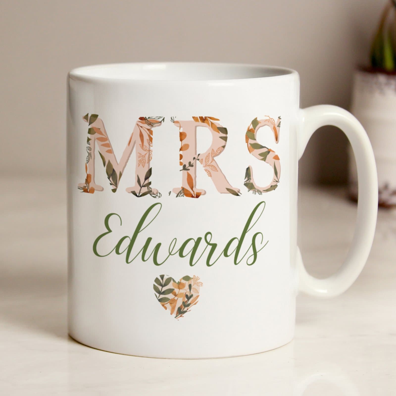 Autumnal Mrs ceramic mug personalised with a surname