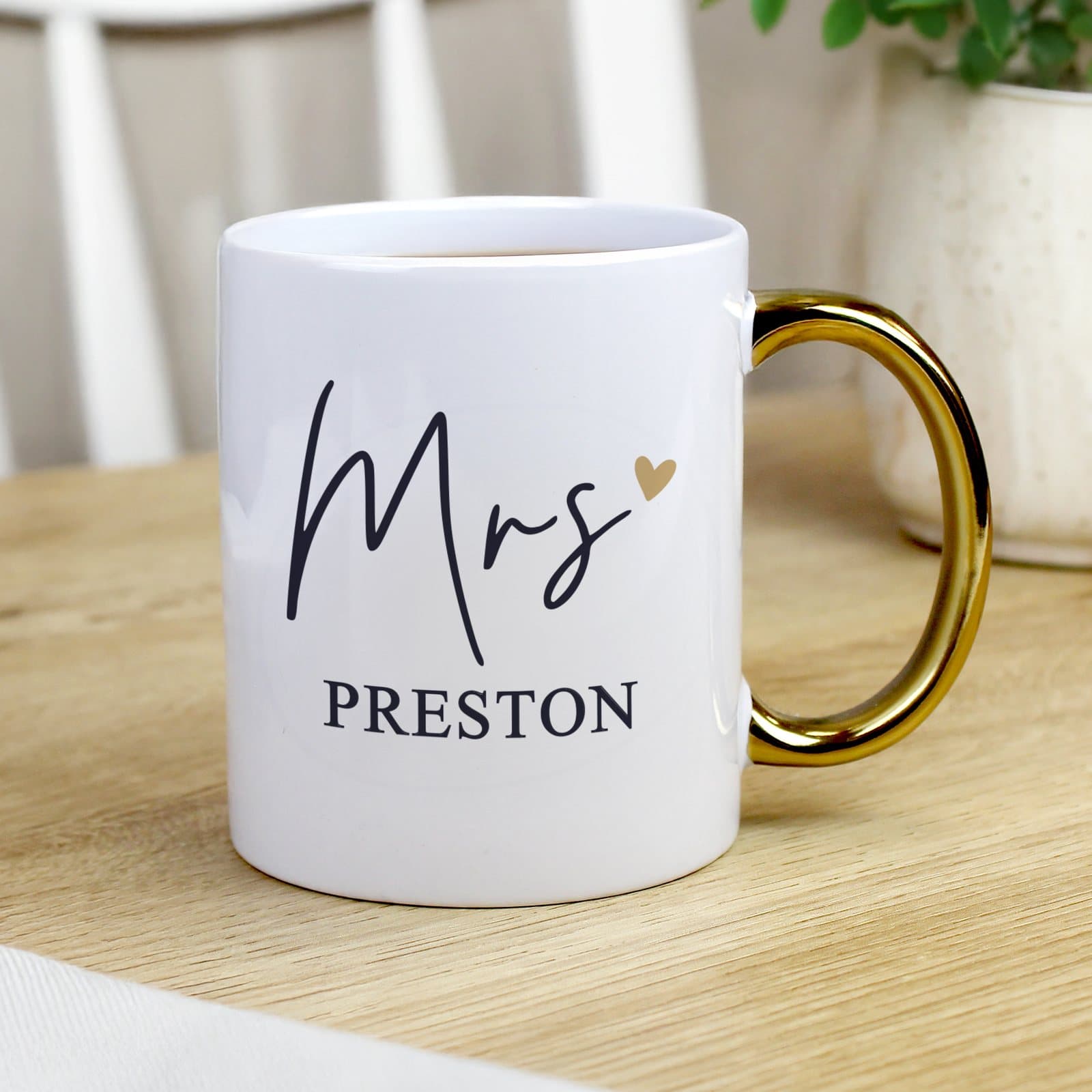 Personalised ceramic Mrs mug with a coloured handle