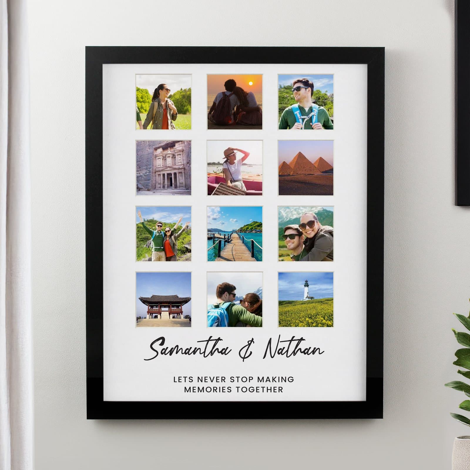 Black or white personalised multi photo frame holding twelve photos