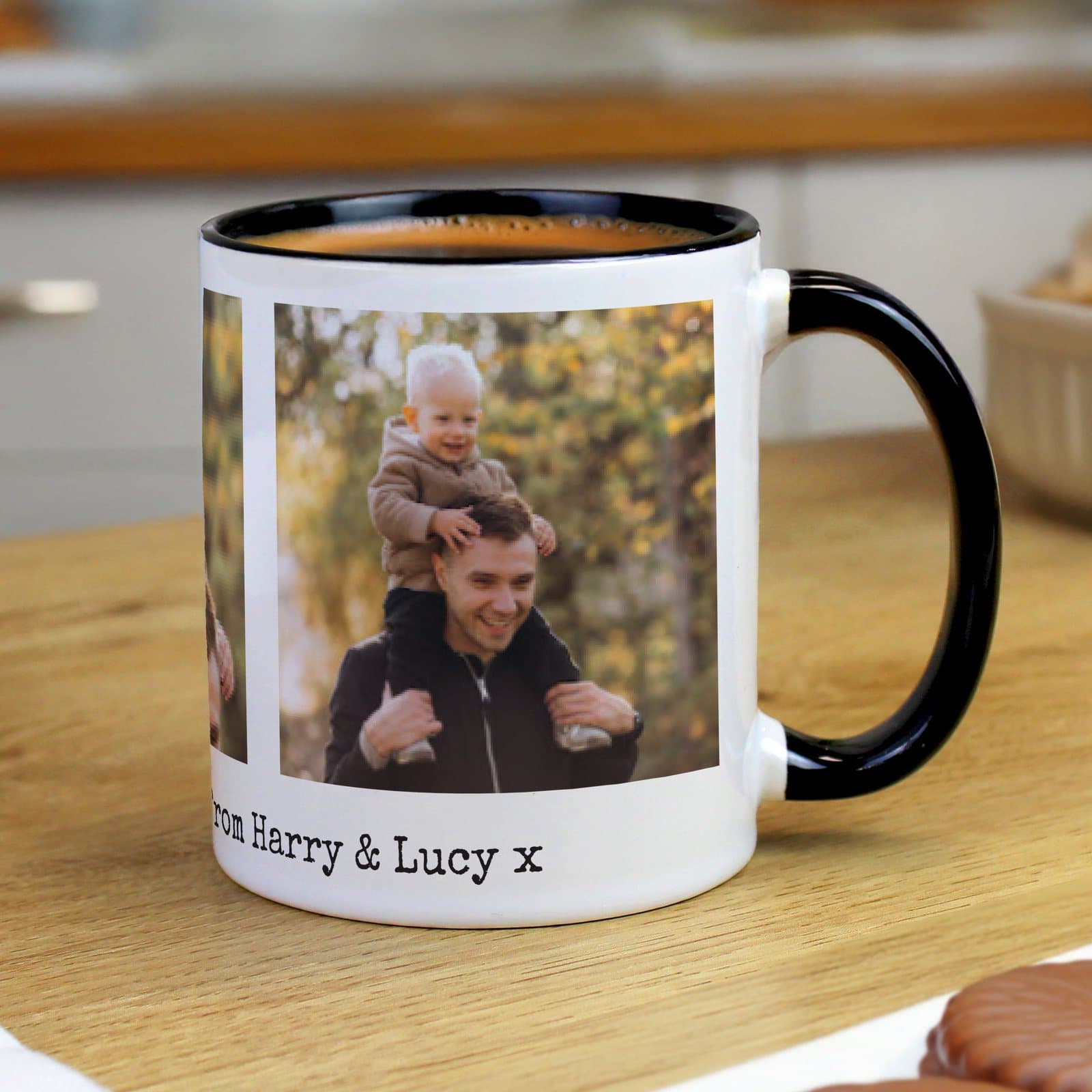 Ceramic mug with a black handle and three photos