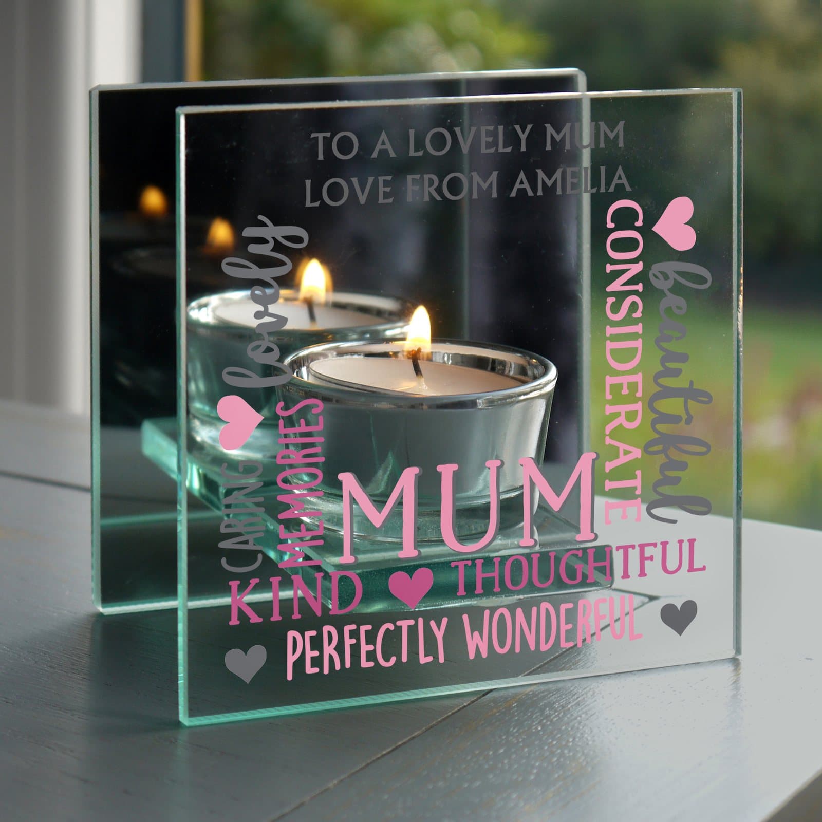 Mirrored glass tea light holder personalised for Mum