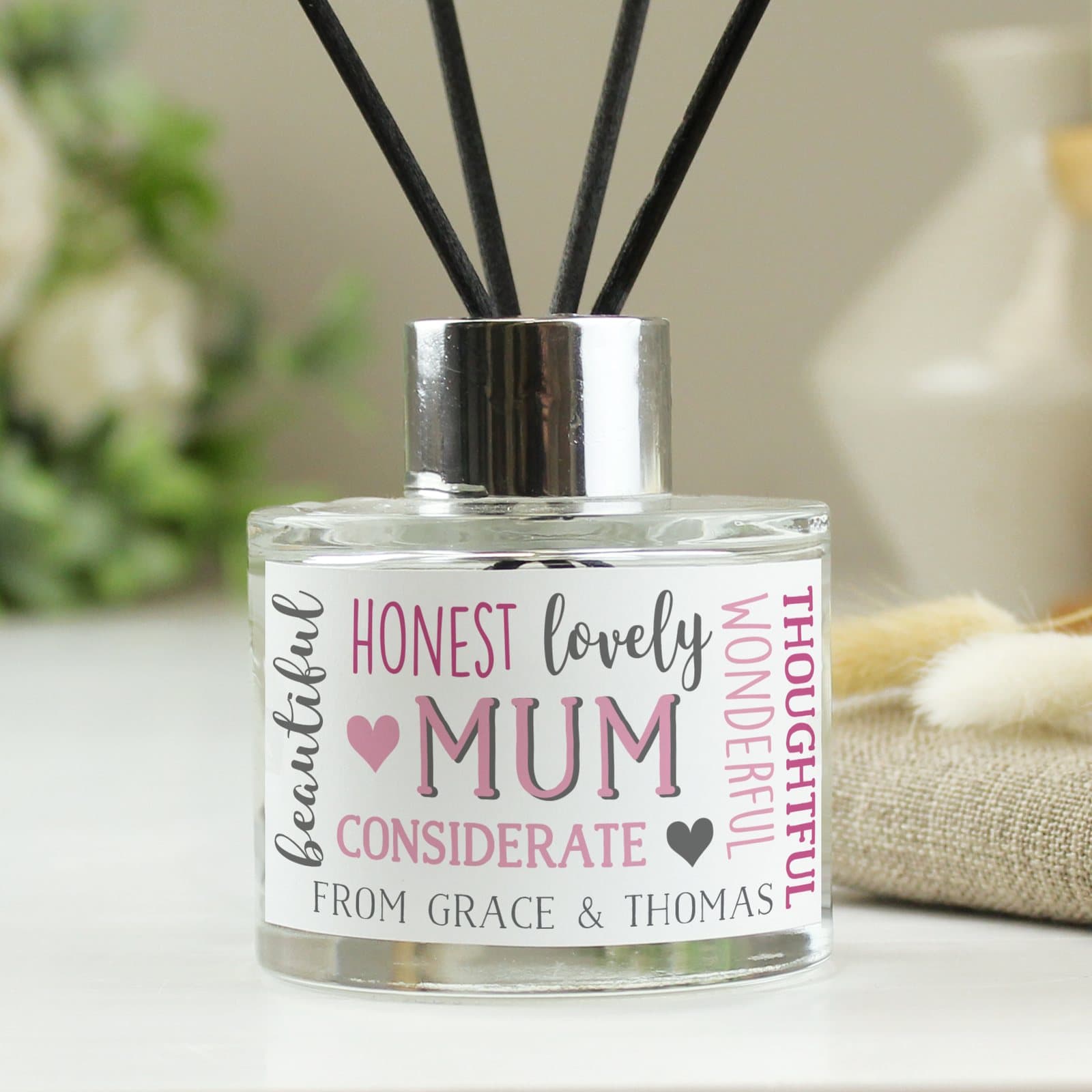 Personalised Mum reed diffuser in a glass bottle with reeds