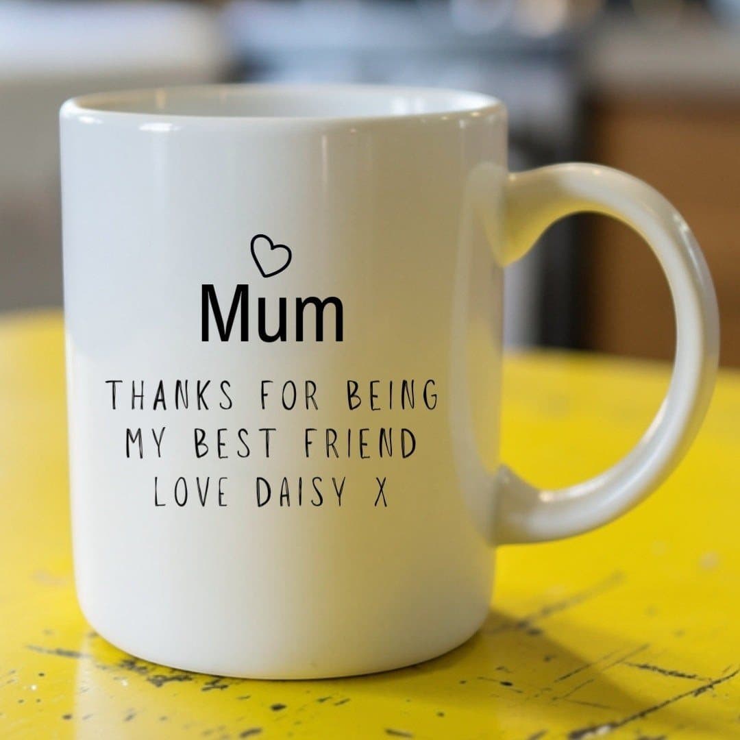 Ceramic mug with a Mum design and personalised wording