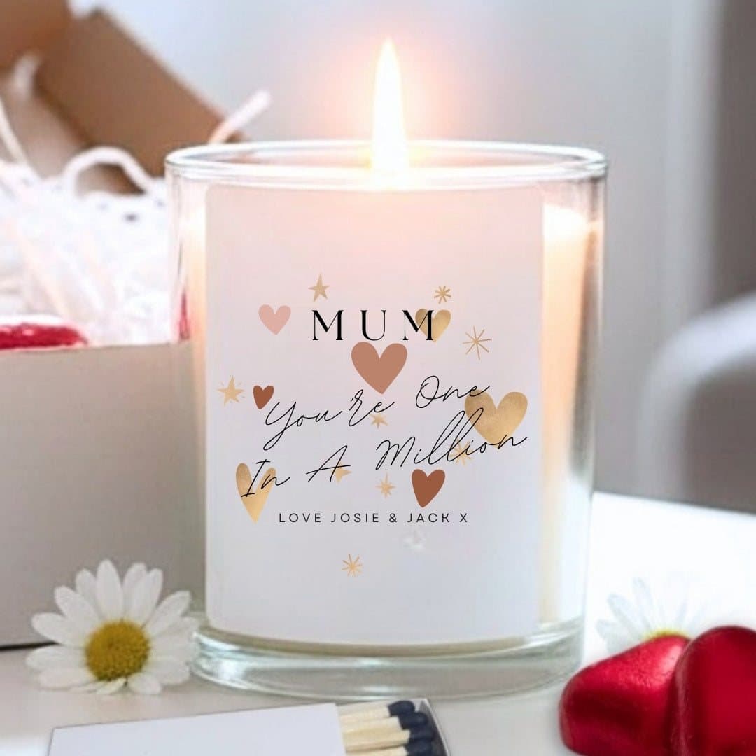 Personalised candle, red foiled chocolate hearts and matches in a gift box