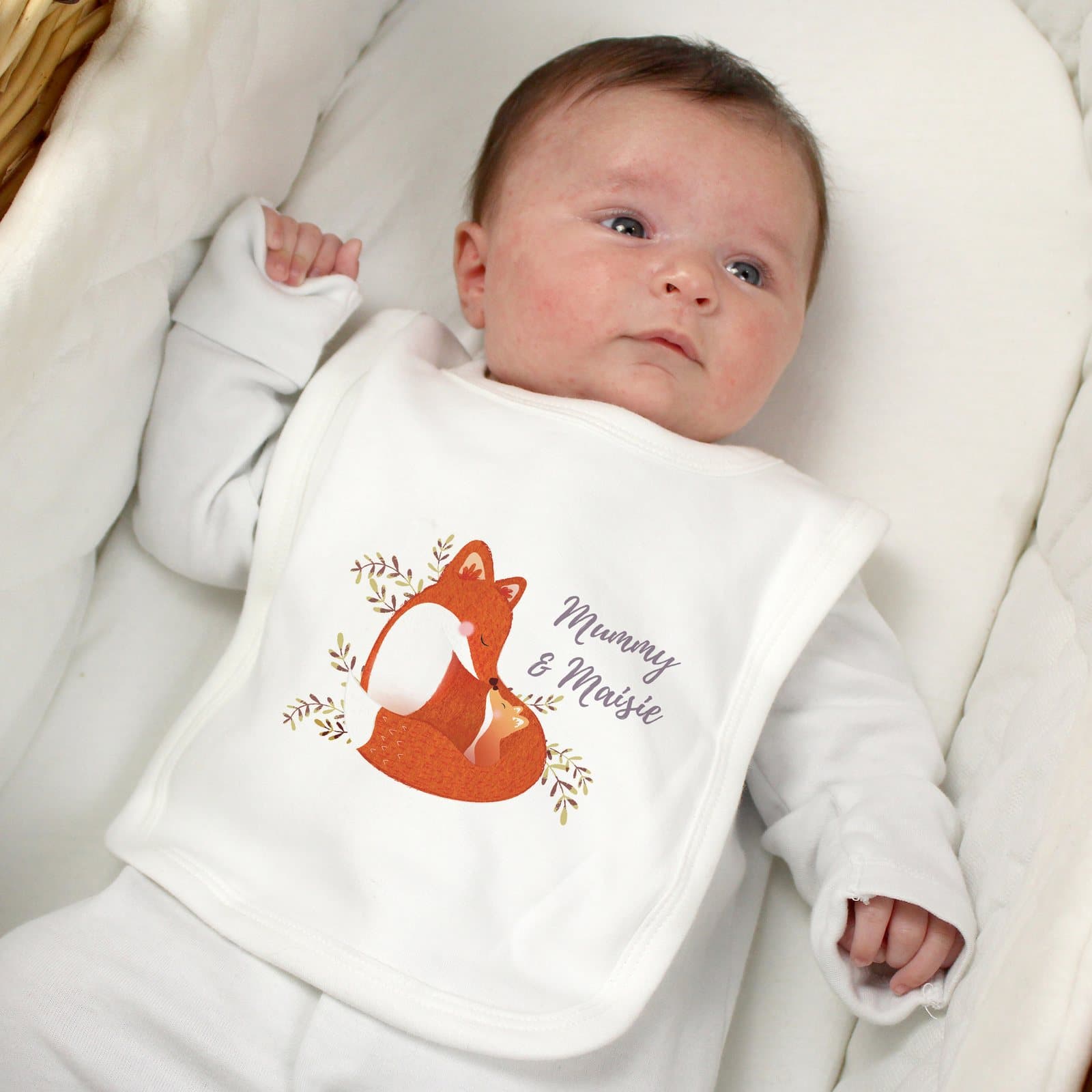 Baby bib with a Mummy and Me fox design and personalised text