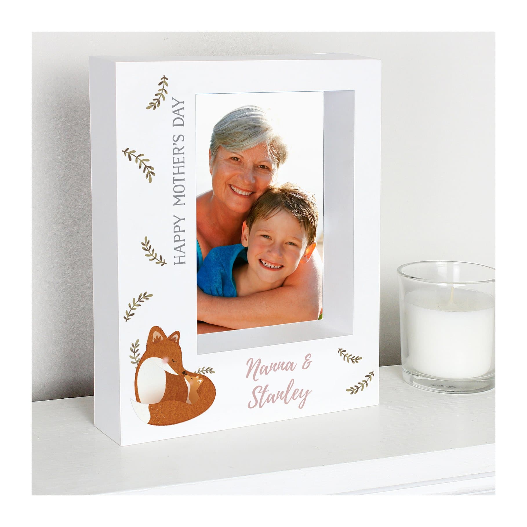 Mummy and Me fox box photo frame for a 5x7 photo with text beside the picture