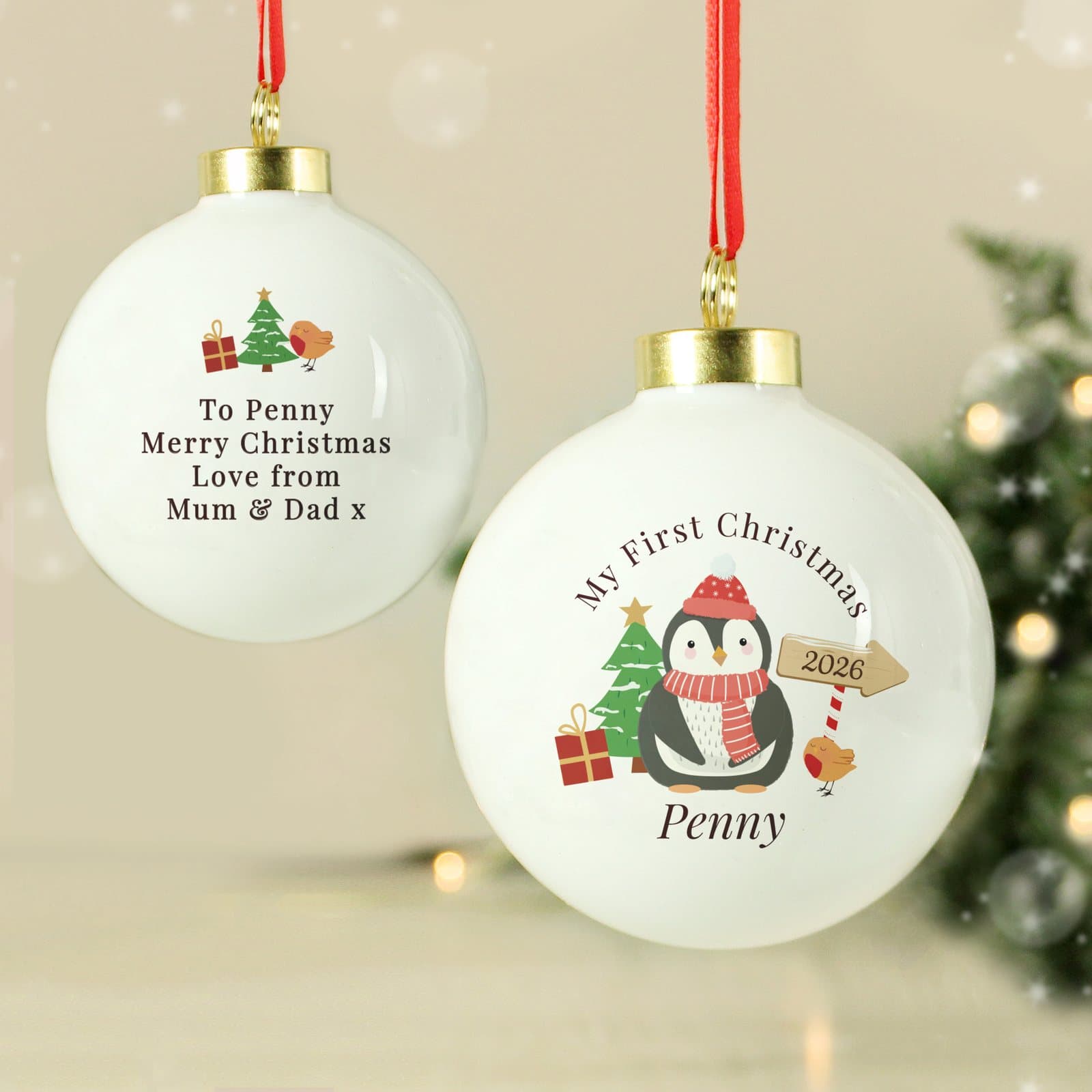 Penguin My 1st Christmas bauble with a ribbon for hanging