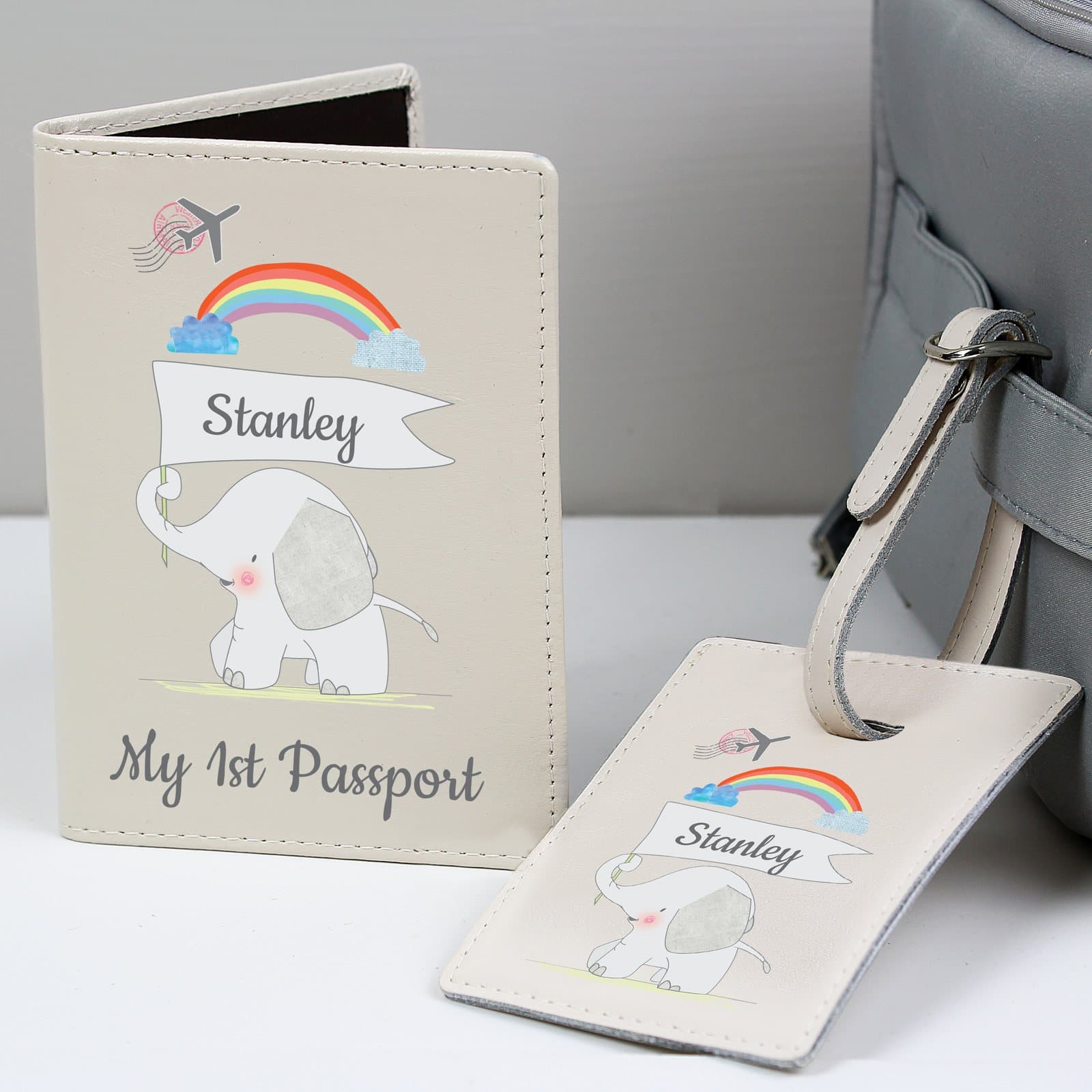 Cream leather passport holder and luggage tag with a hessian elephant