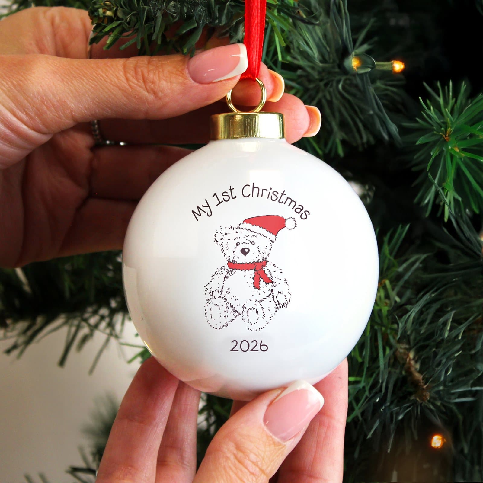 Teddy bear My 1st Christmas bauble with a ribbon for hanging