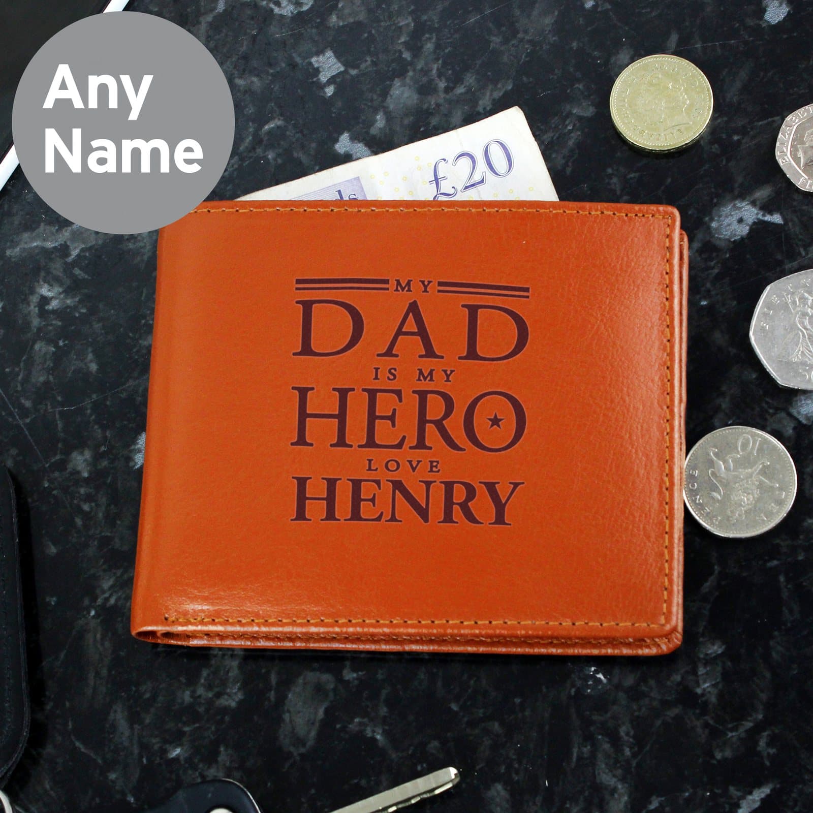 Tan leather wallet with My Dad is My Hero text and a name
