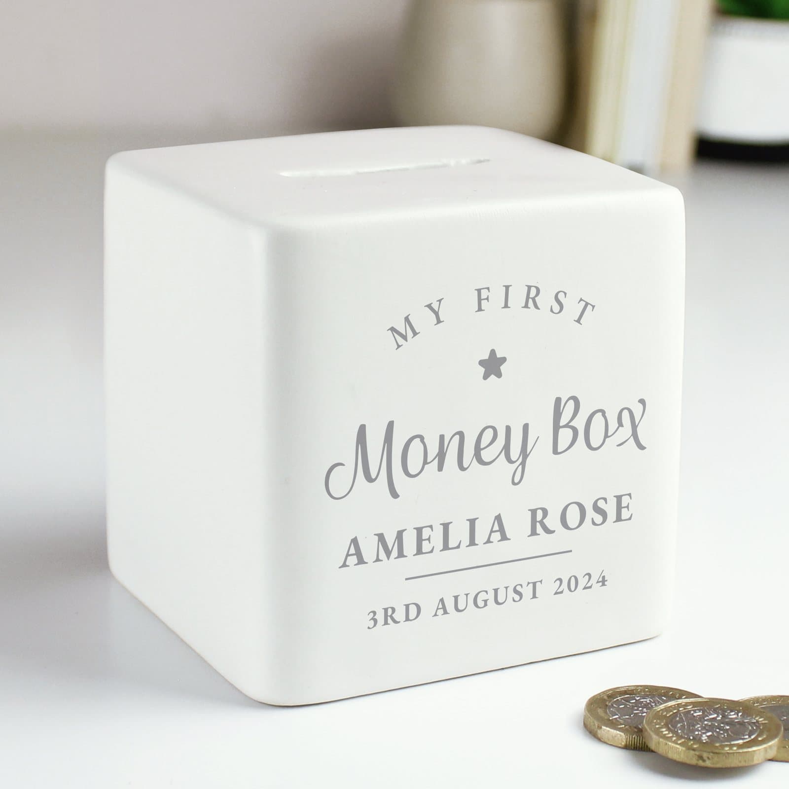 Square ceramic money box with My first money box text and personalised lines
