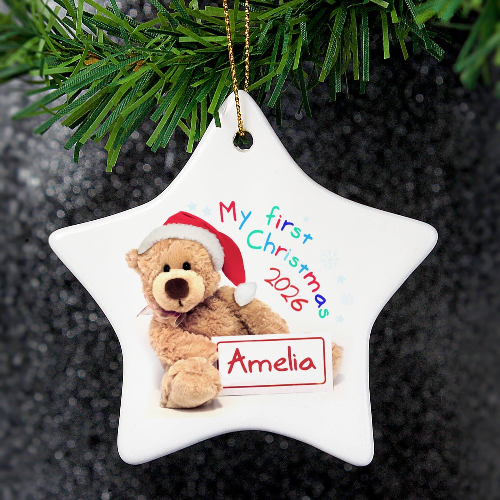 My First Christmas teddy ceramic star decoration with a ribbon