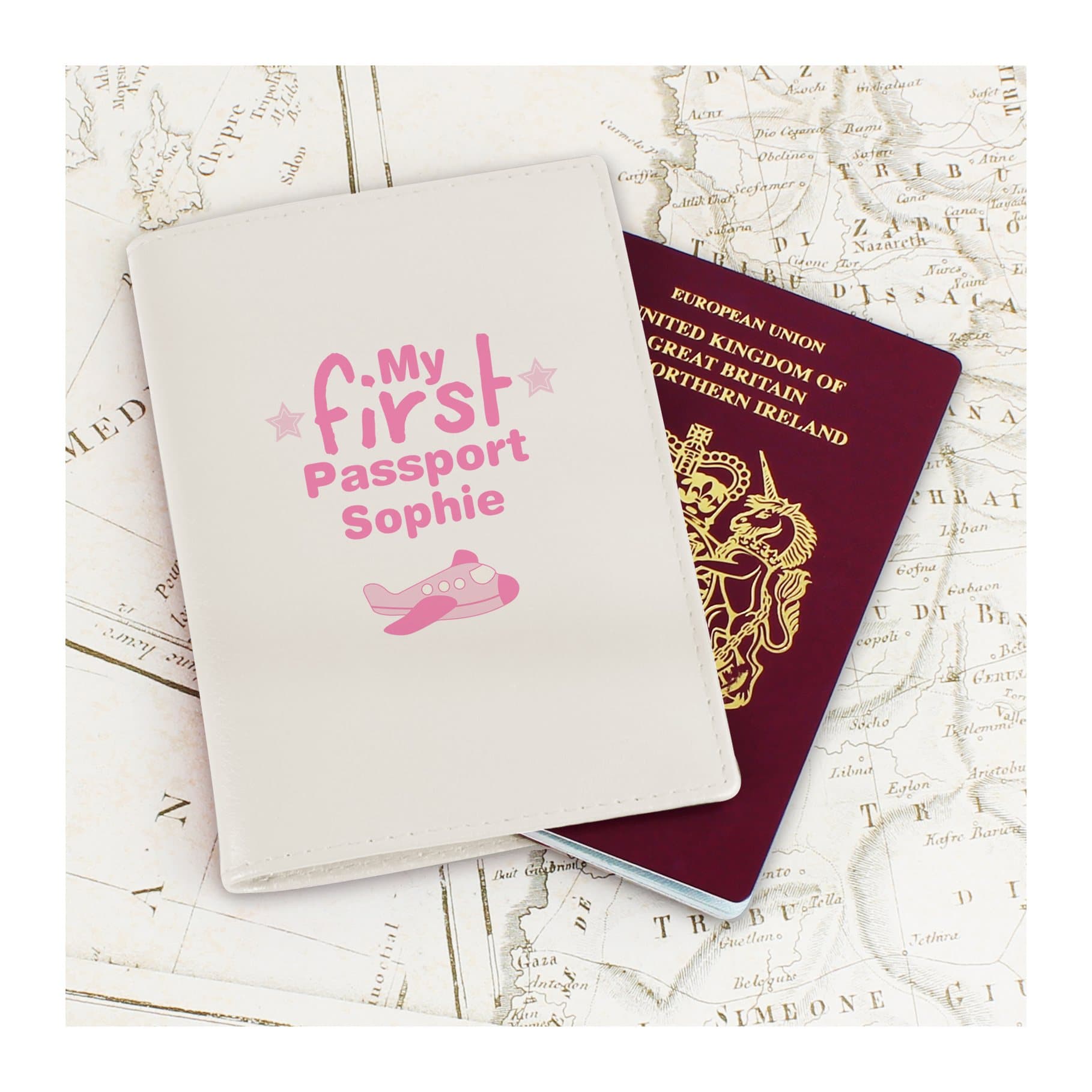 Leather My First passport holder with aeroplane cartoon and stars
