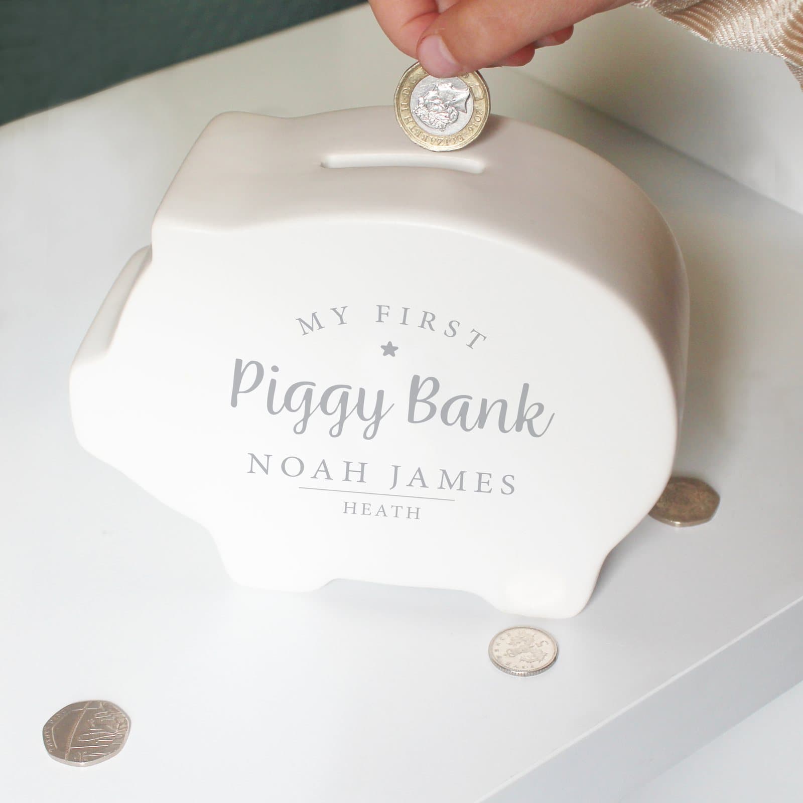 Ceramic personalised My First piggy bank with two lines of text