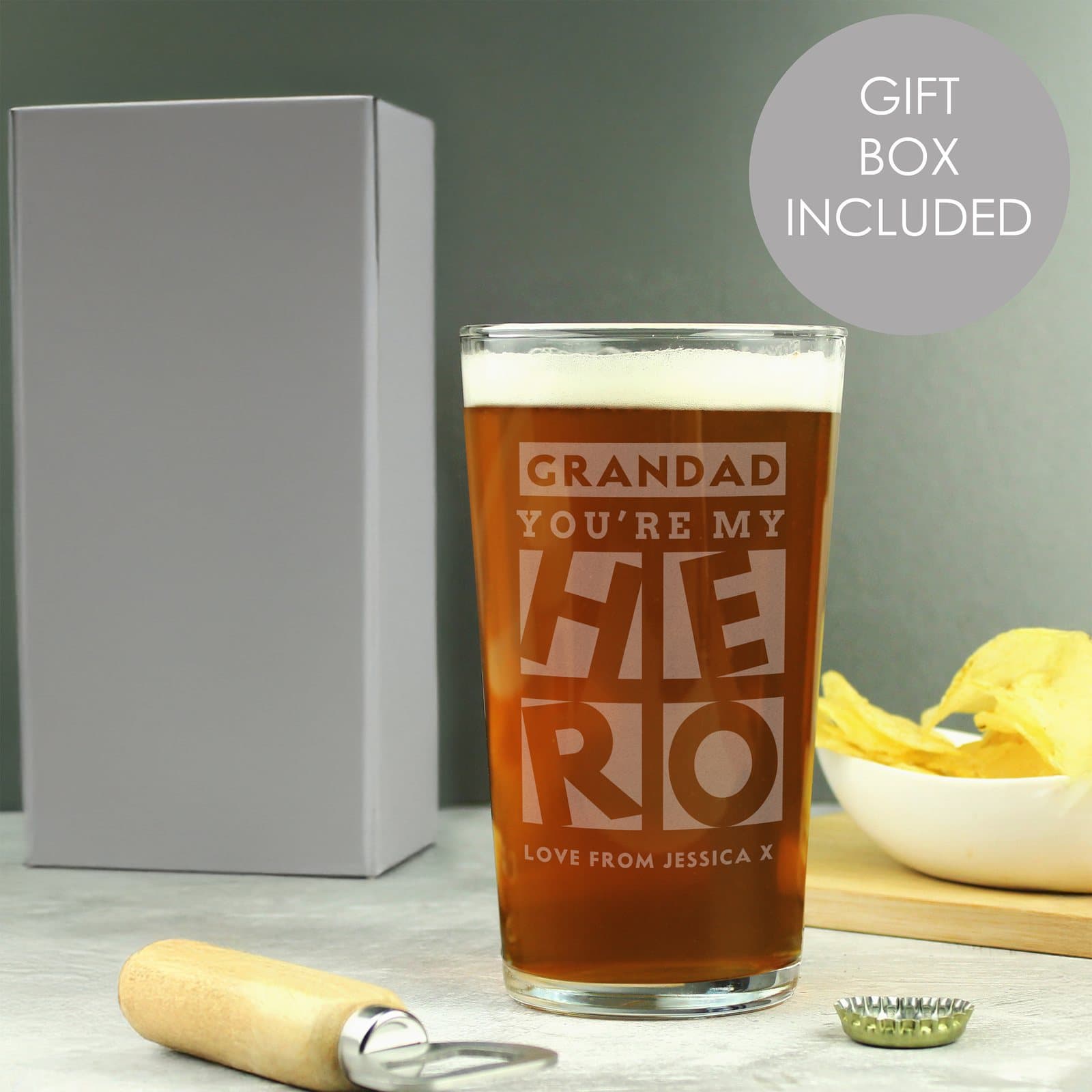 Pint glass personalised with You're My Hero and two lines of text