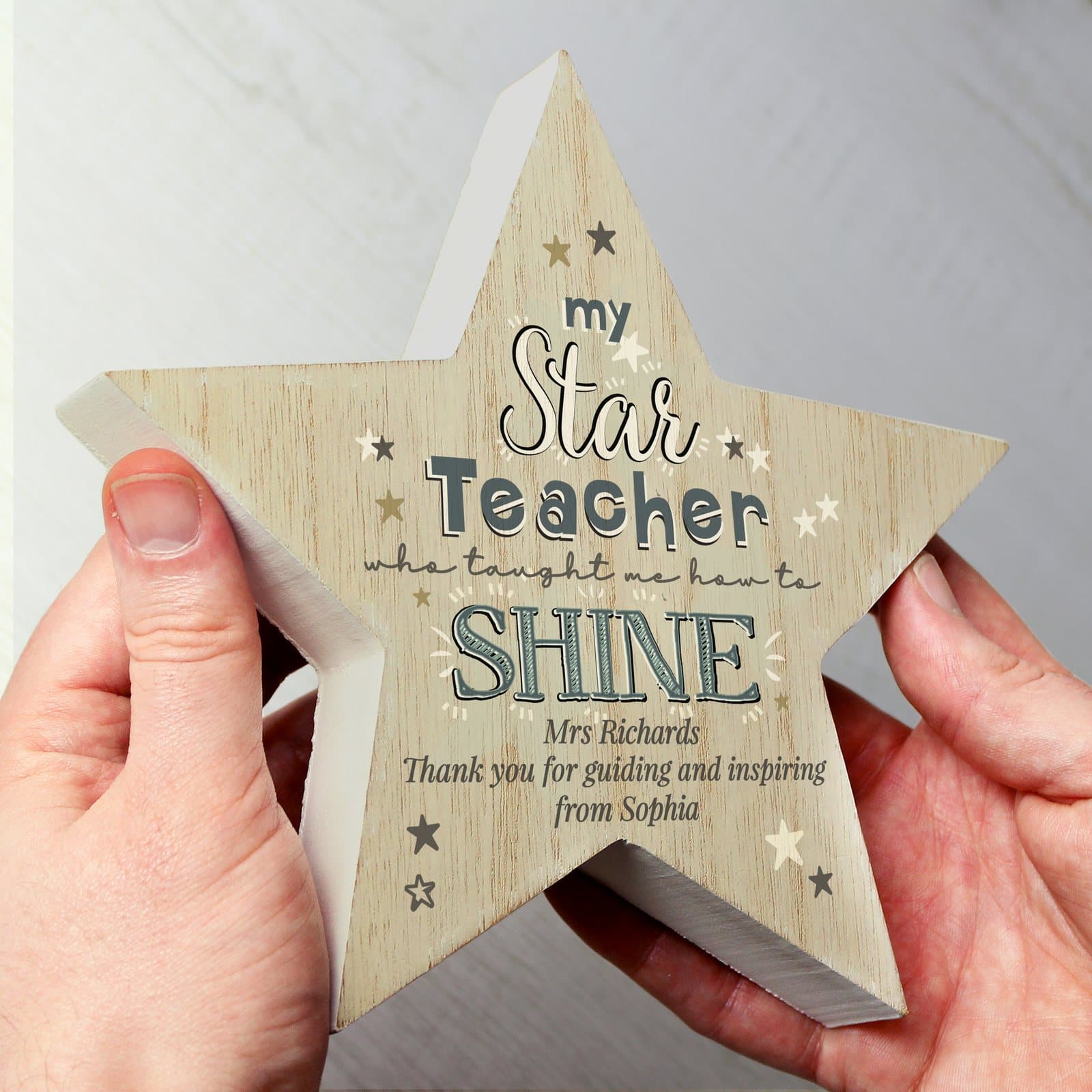 Rustic wooden star decoration personalised for a teacher