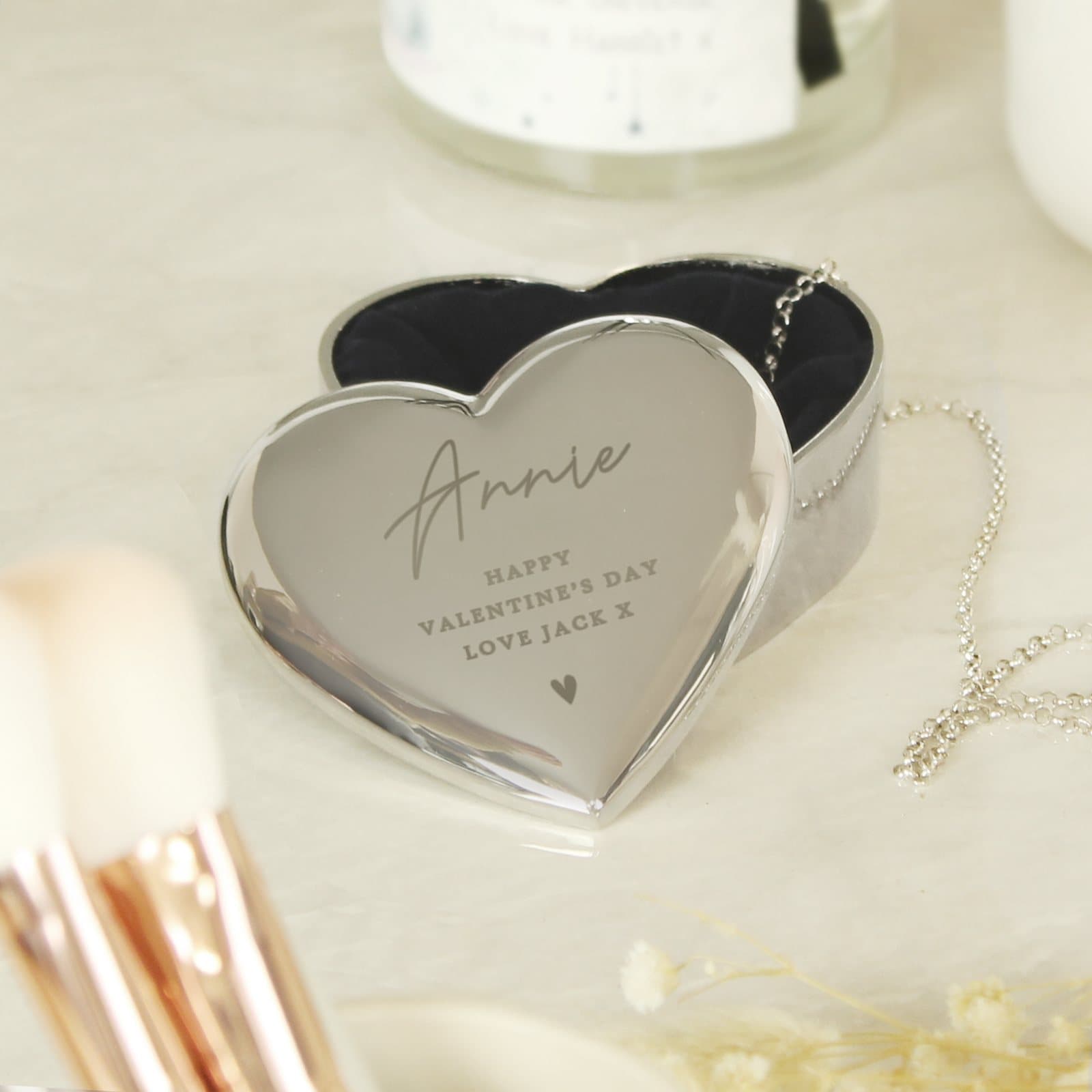 Personalised nickel plated heart trinket box with a name and message