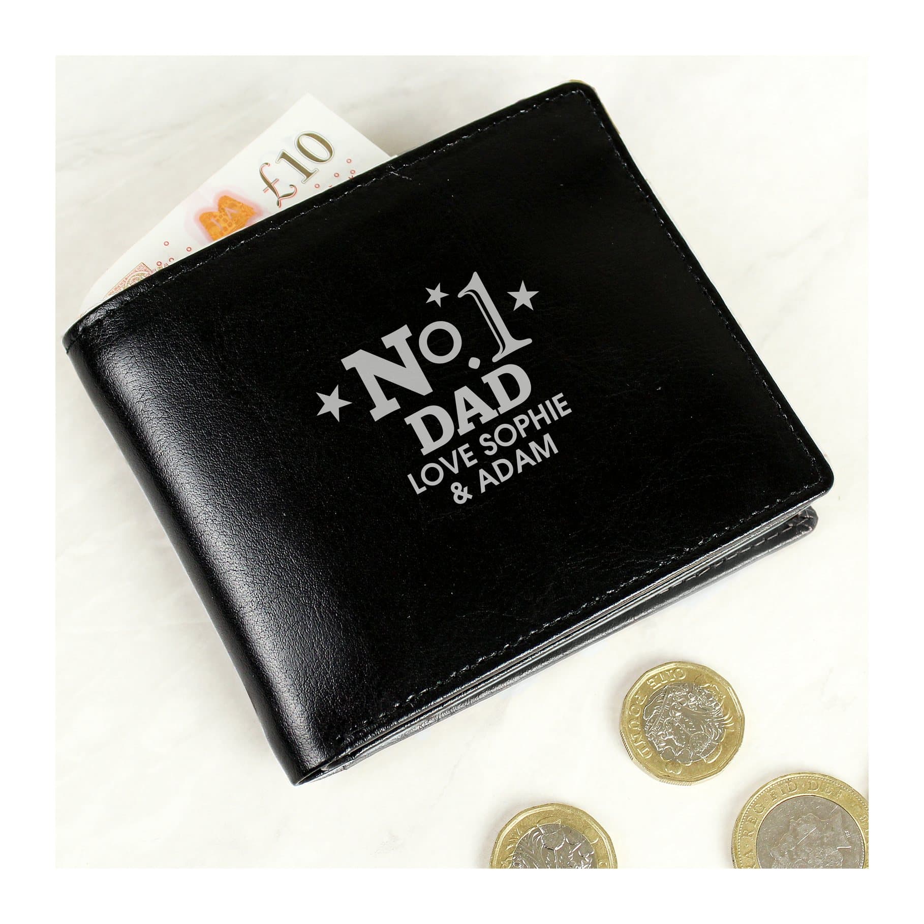 Leather wallet with a name and a two-line message