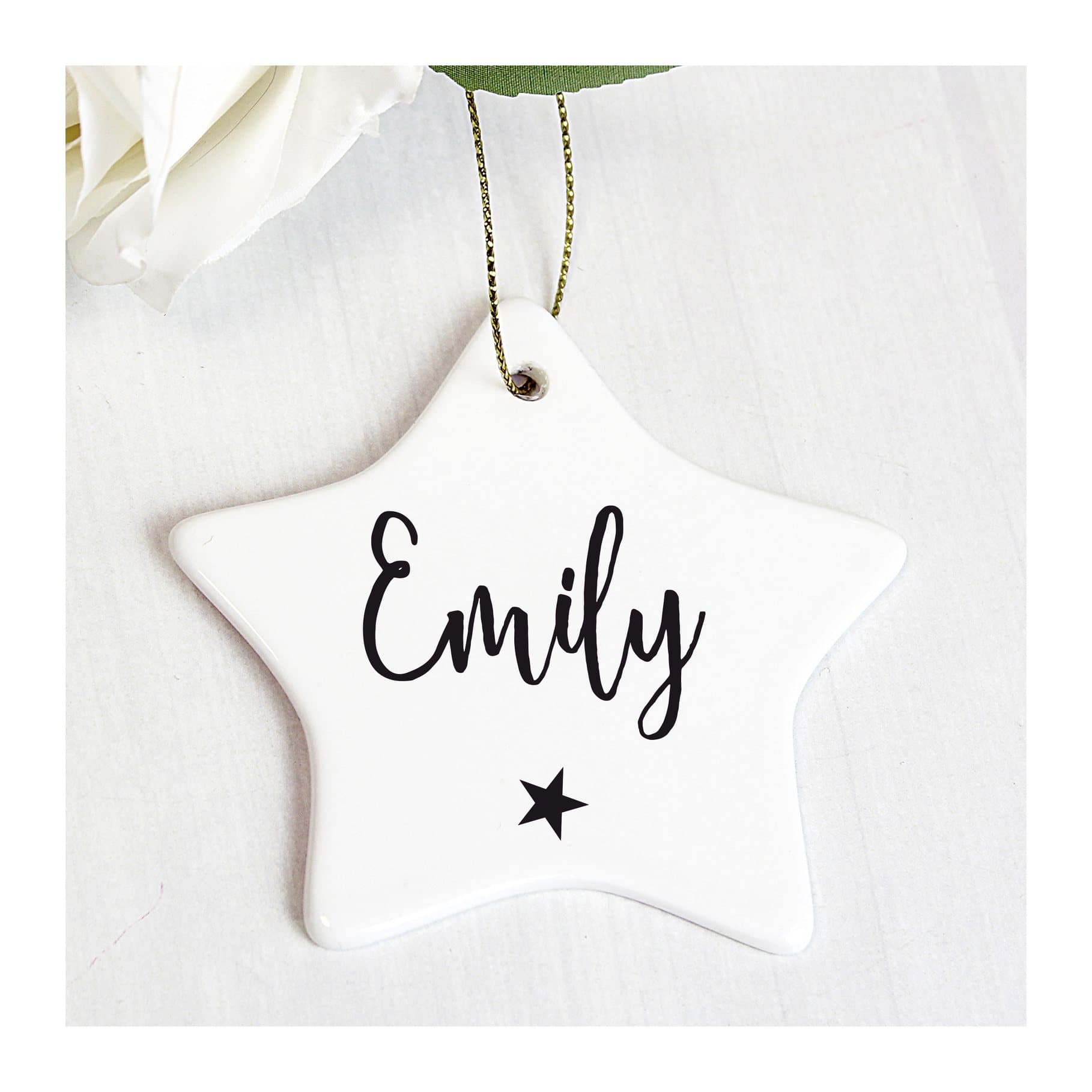 Personalised ceramic star Christmas decoration with ribbon