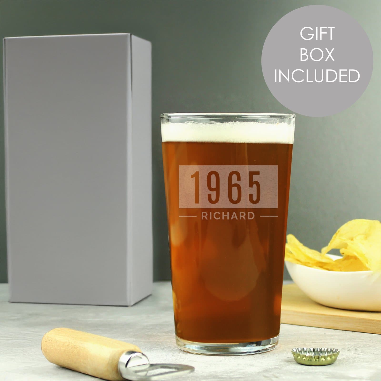 Pint glass personalised with a short line and a name or date
