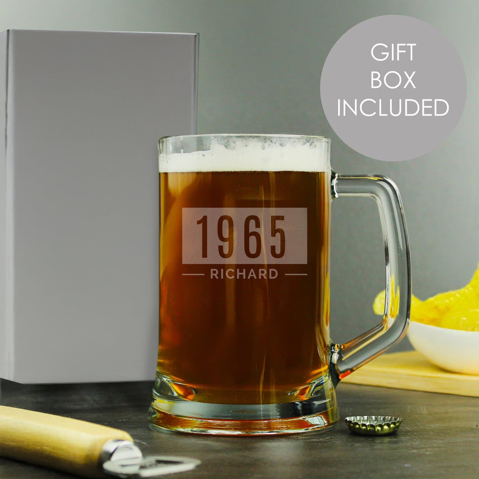 Glass pint stern tankard personalised with two lines of text