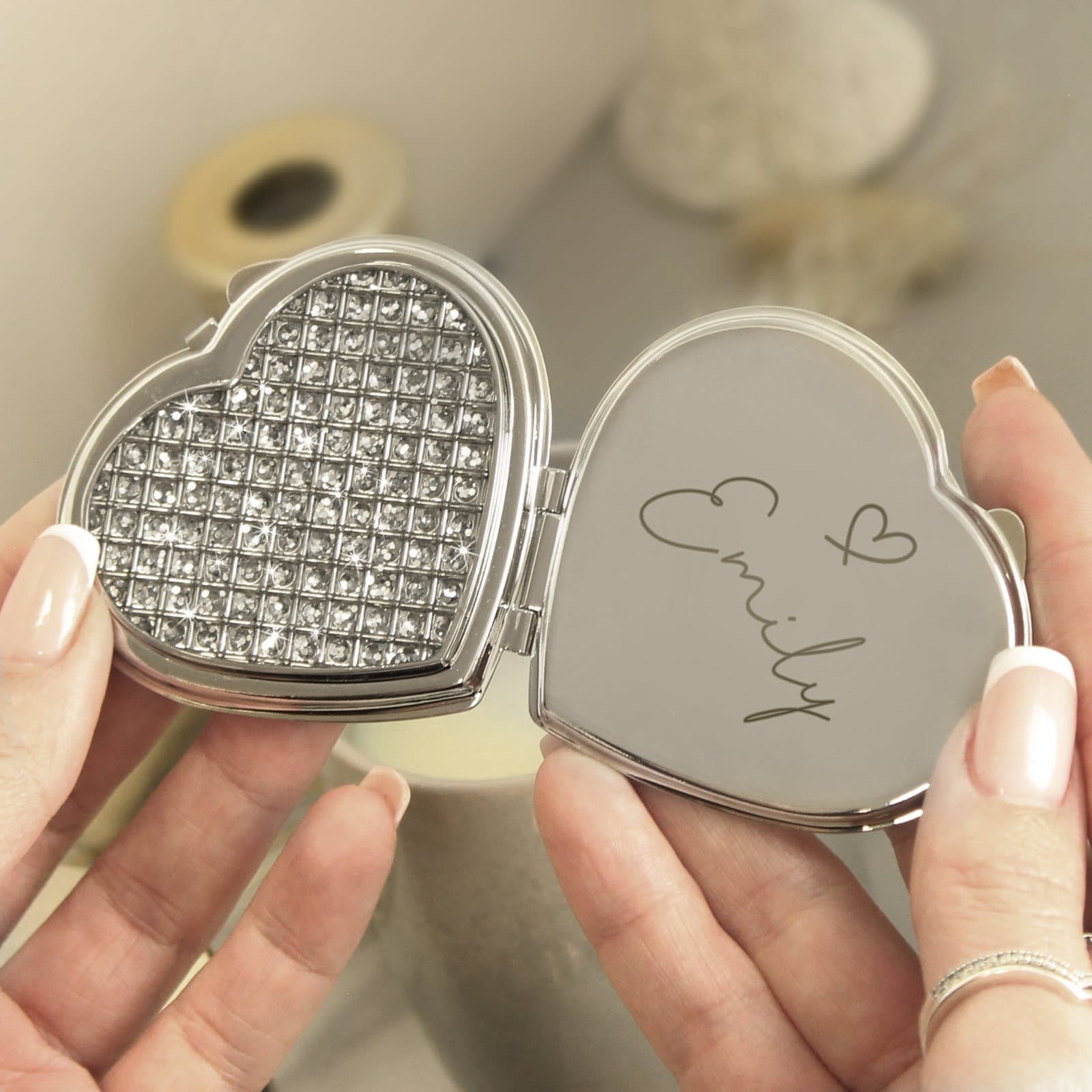 Personalised diamante heart compact mirror with a name