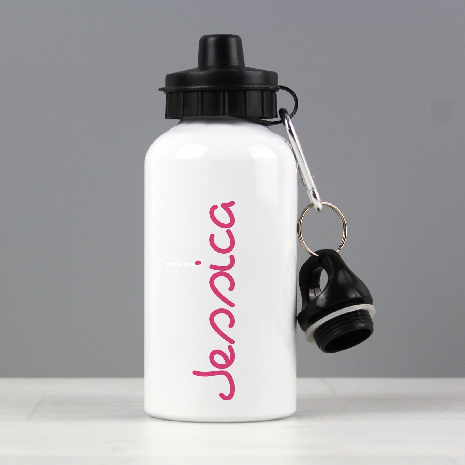 Personalised aluminium and plastic name drinks bottle in pink and blue