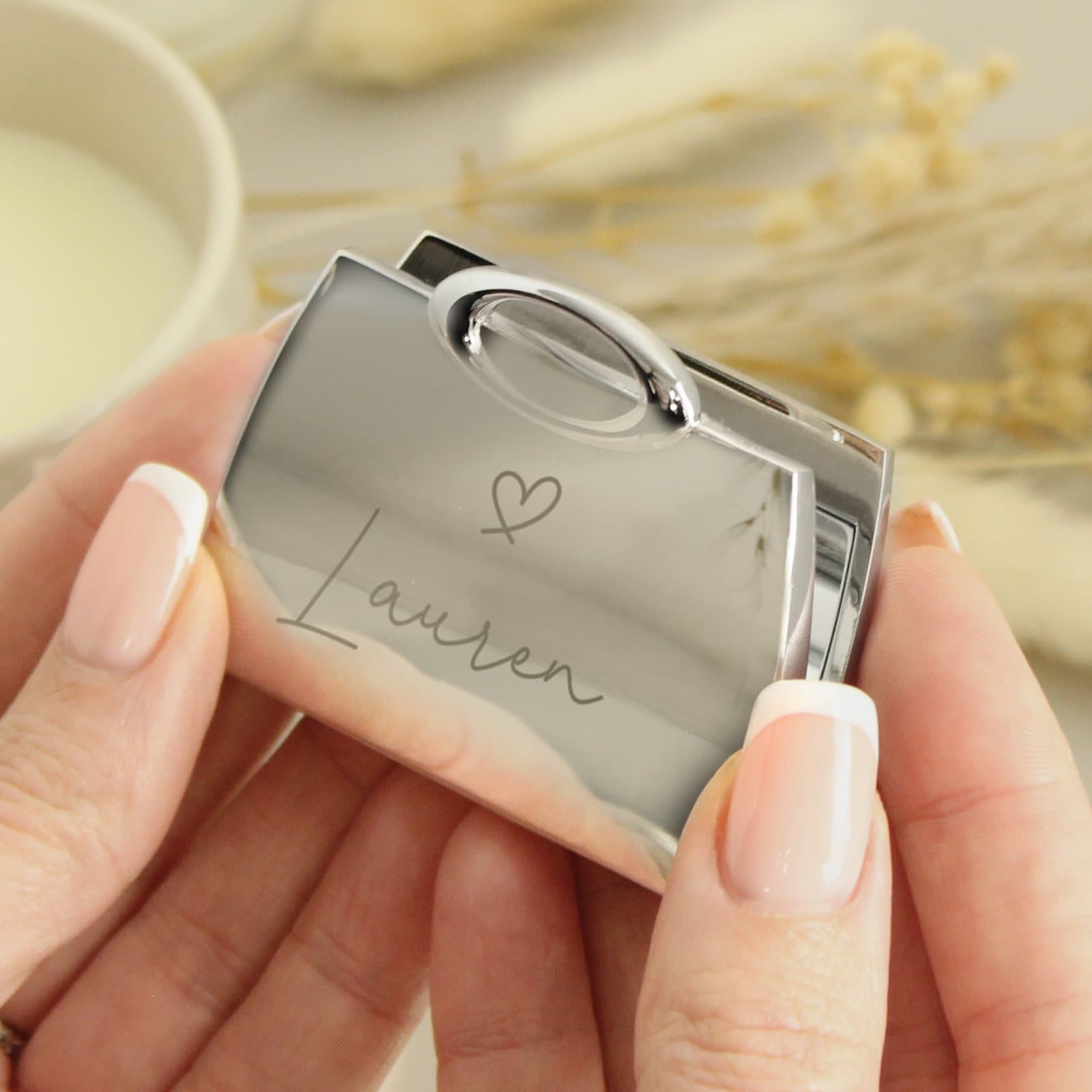 Personalised handbag shaped compact mirror with a name