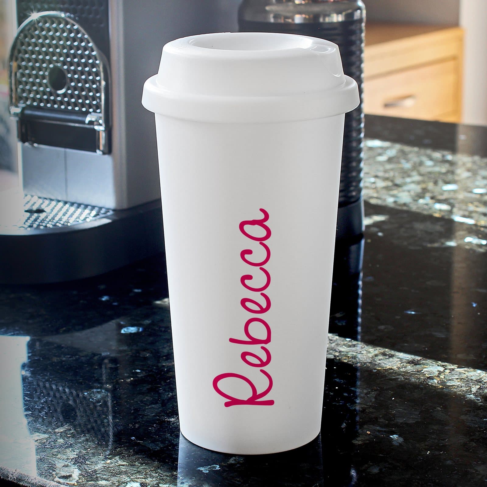 Personalised insulated reusable travel cup with screw-on lid
