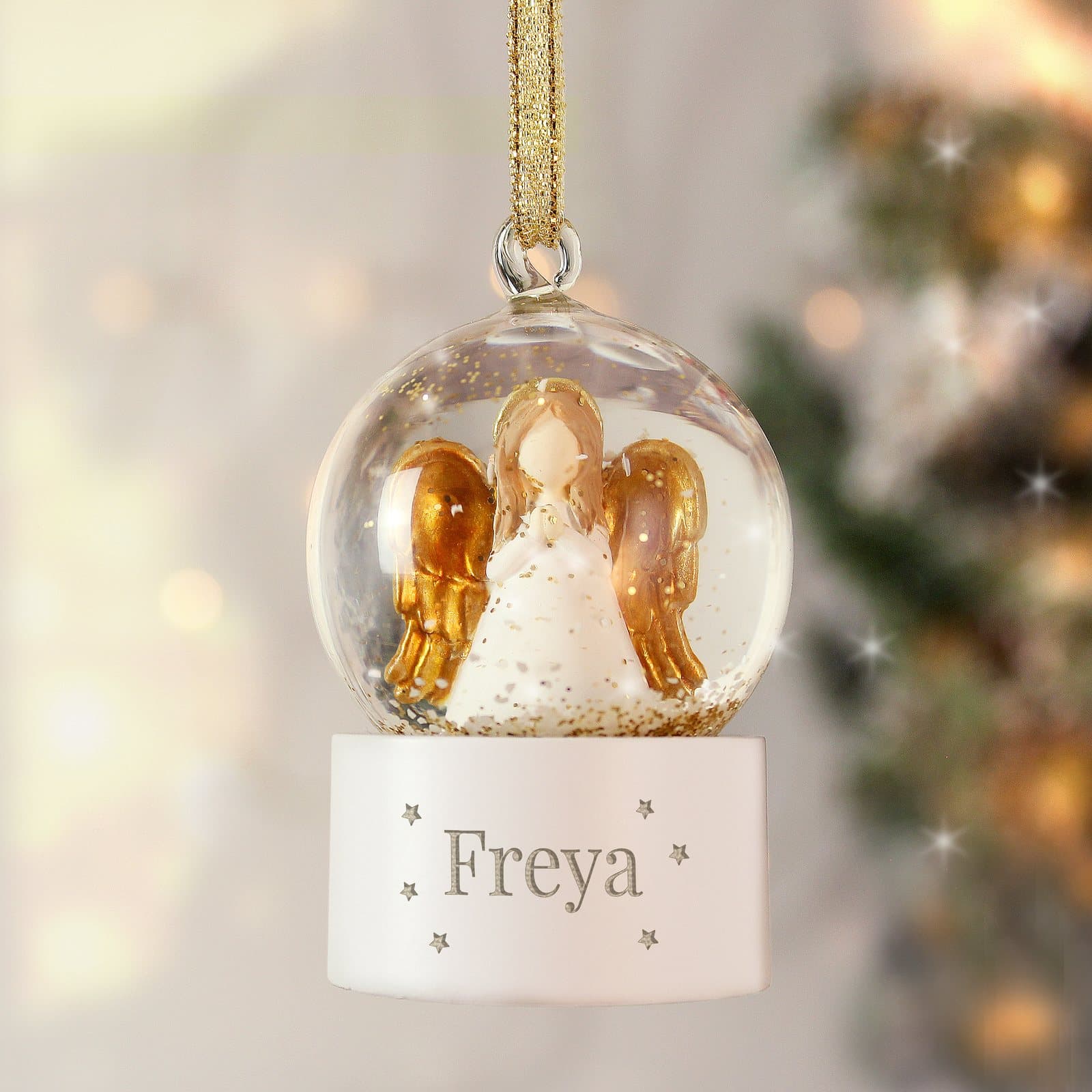 Personalised angel glitter snow globe tree decoration in glass