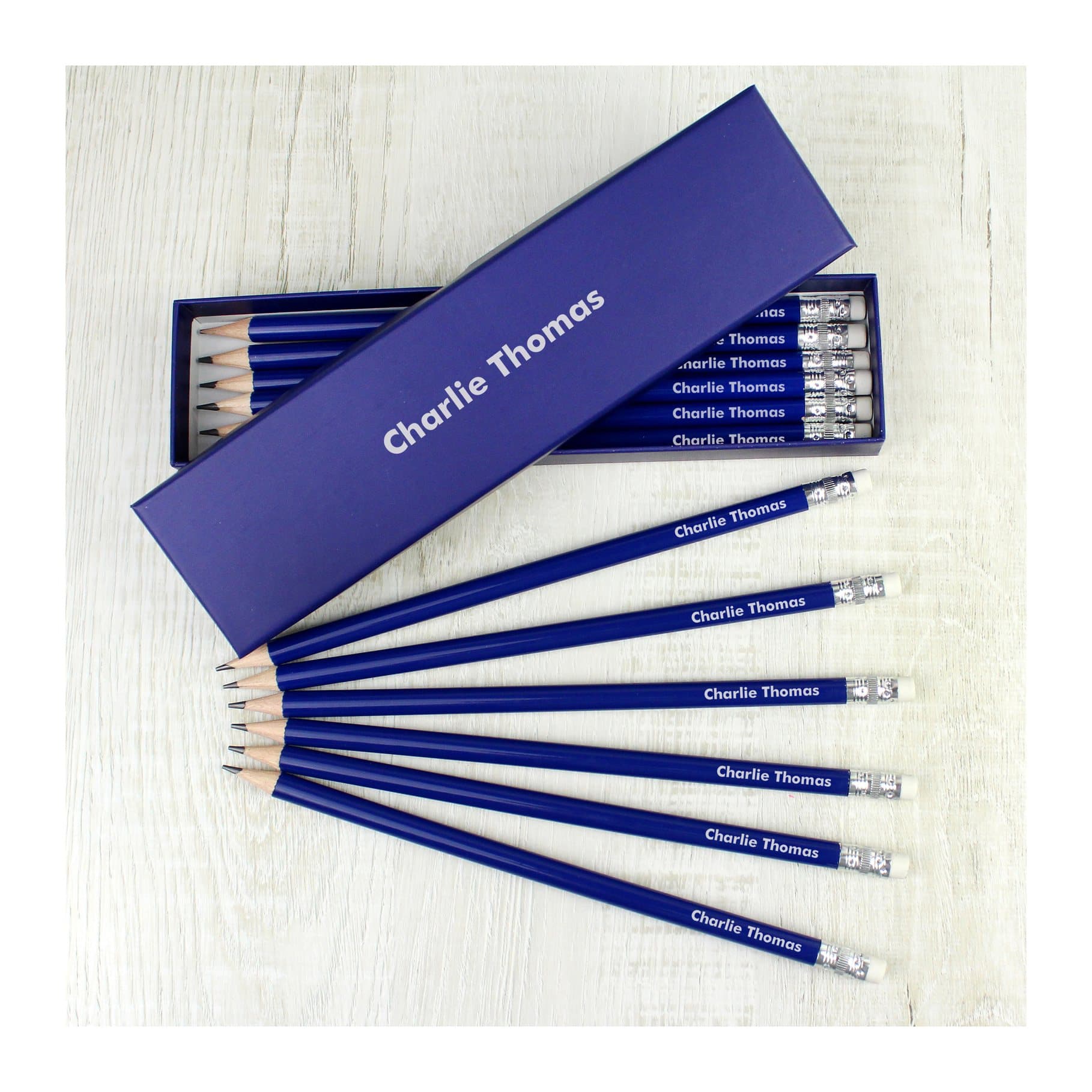 Personalised box of 12 HB pencils in blue or pink