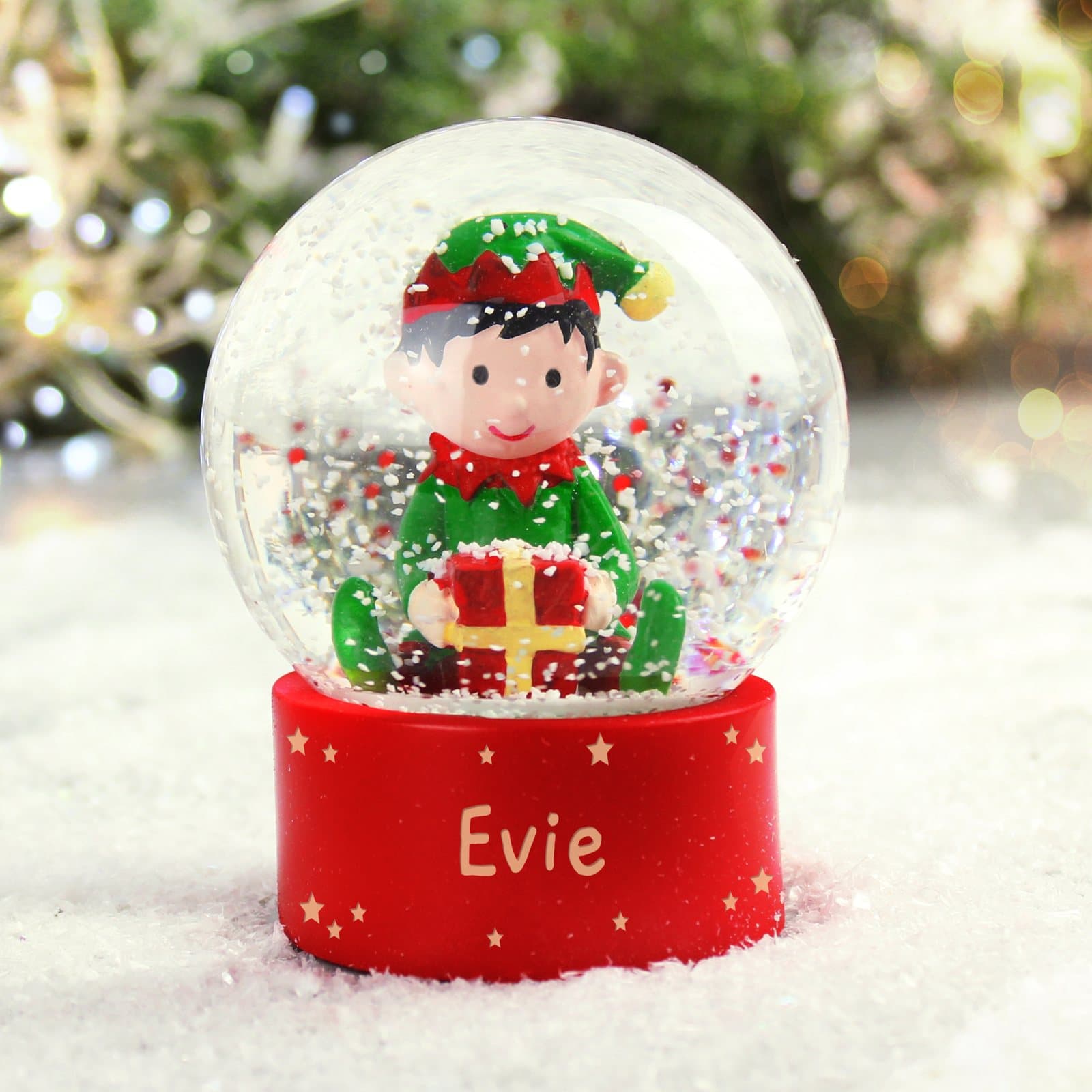 Elf glitter snow globe tree decoration with a personalised name
