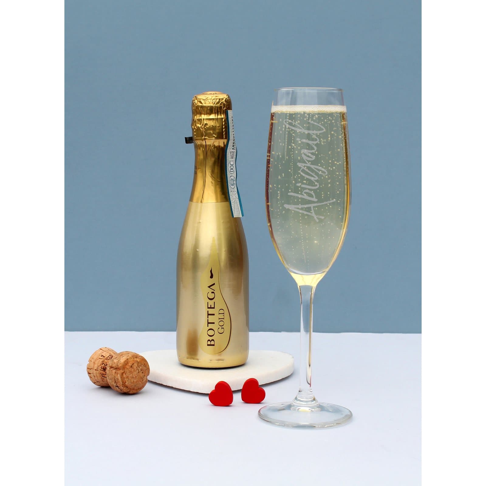 Personalised flute with mini gold Bottega prosecco bottle