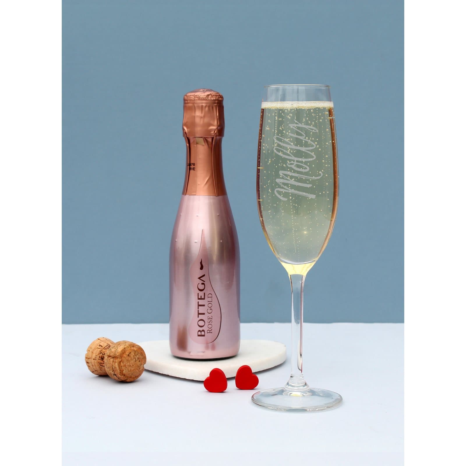 Personalised flute with mini rose gold Bottega prosecco bottle
