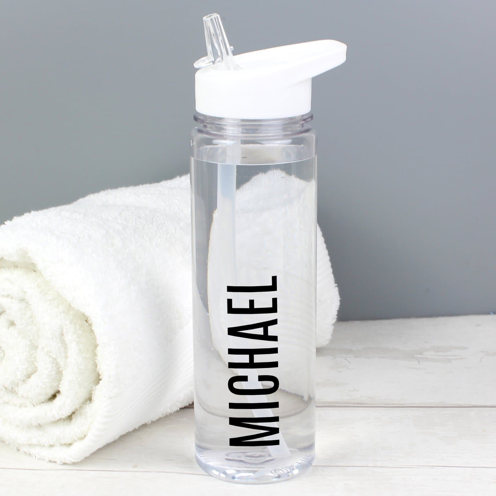 Black personalised water bottle with white twist-on lid and flip-top straw