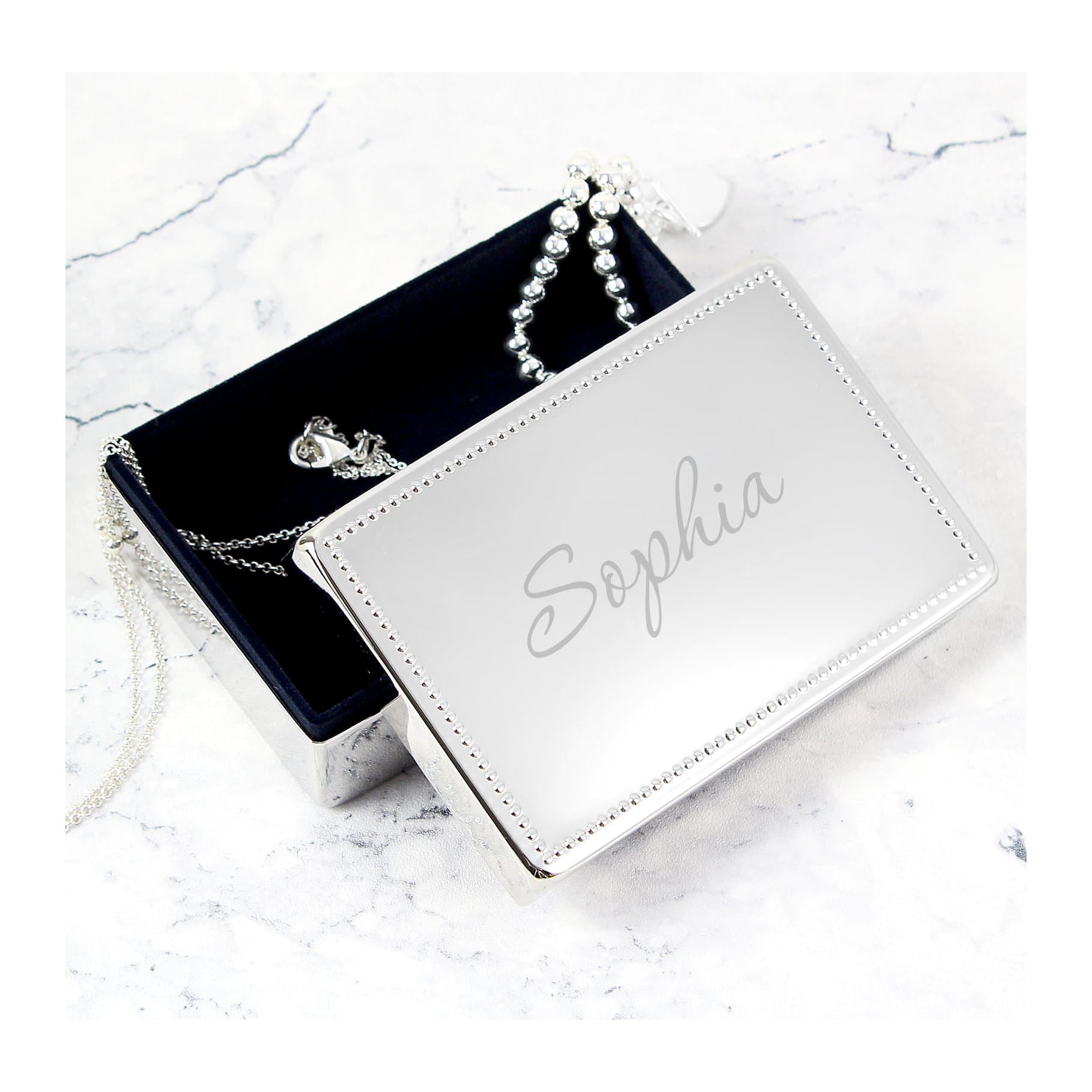 Rectangular personalised jewellery box with a name on the lid